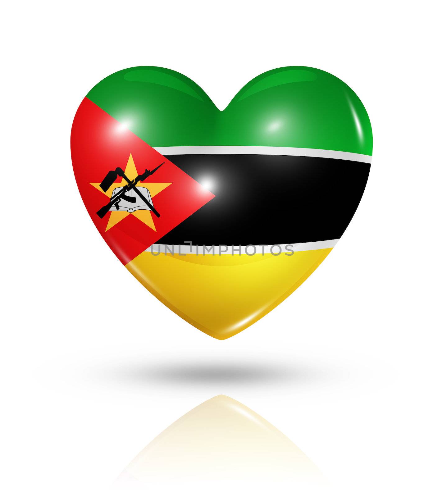 Love Mozambique symbol. 3D heart flag icon isolated on white with clipping path