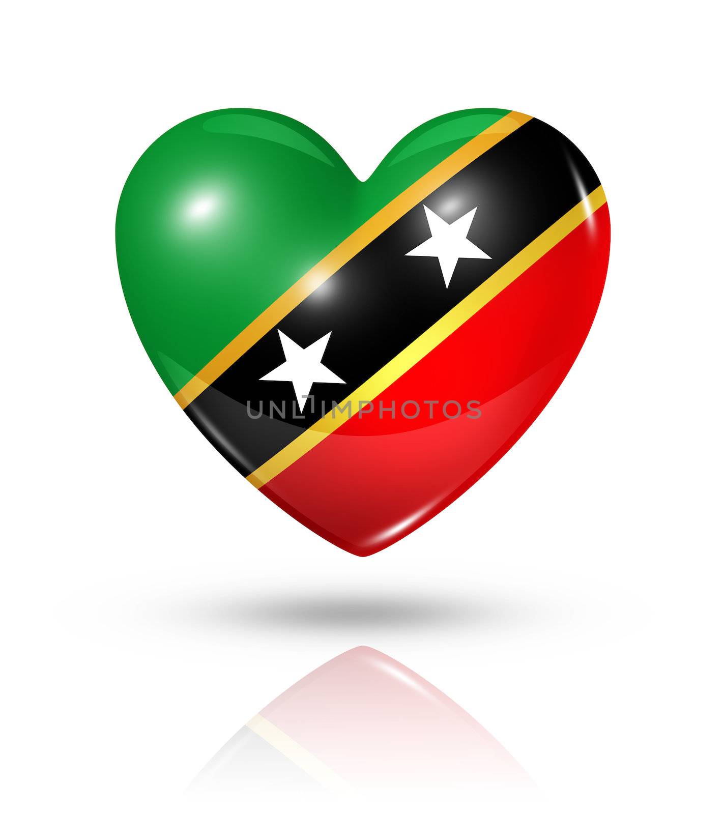 Love Saint Kitts And Nevis symbol. 3D heart flag icon isolated on white with clipping path