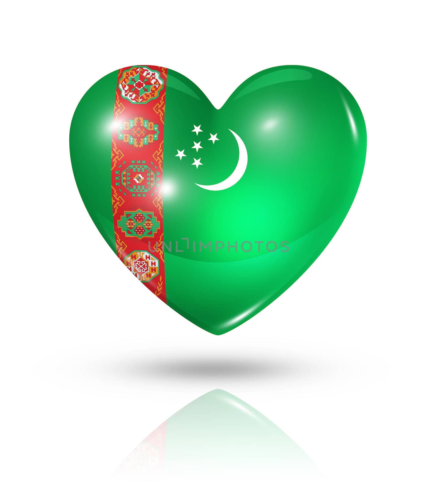 Love Turkmenistan symbol. 3D heart flag icon isolated on white with clipping path