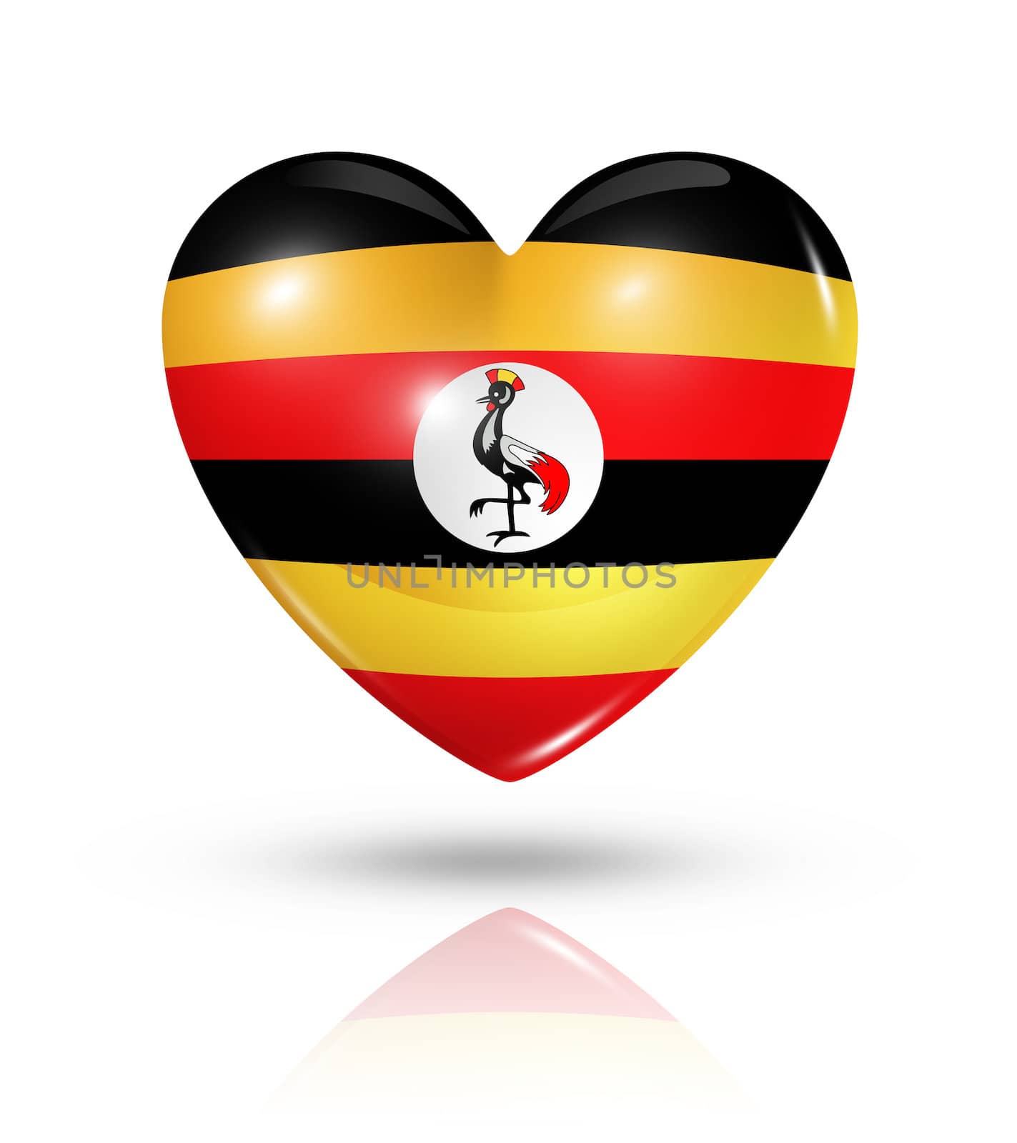 Love Uganda symbol. 3D heart flag icon isolated on white with clipping path
