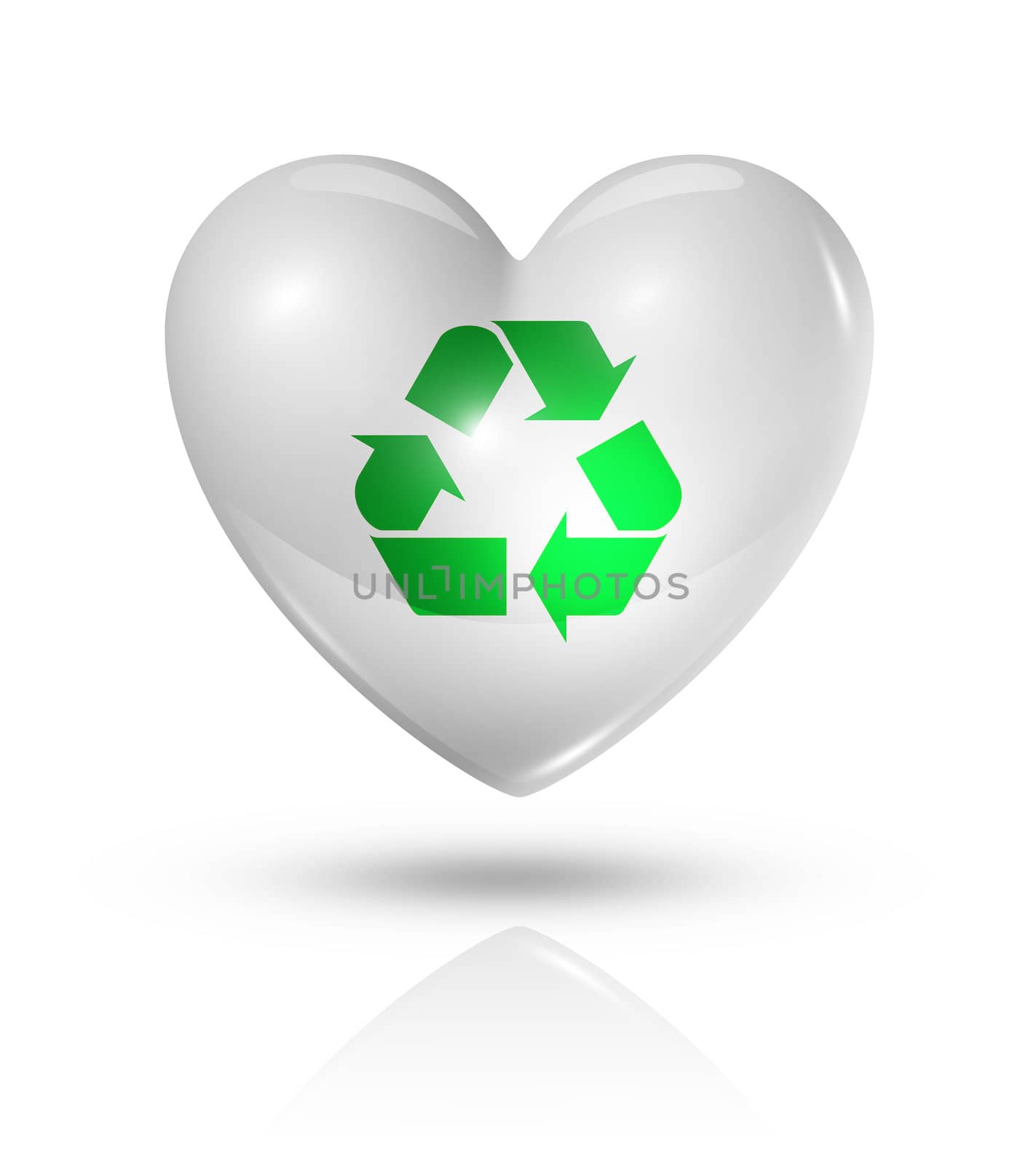 Love recycling, environment symbol. 3D heart icon isolated on white with clipping path