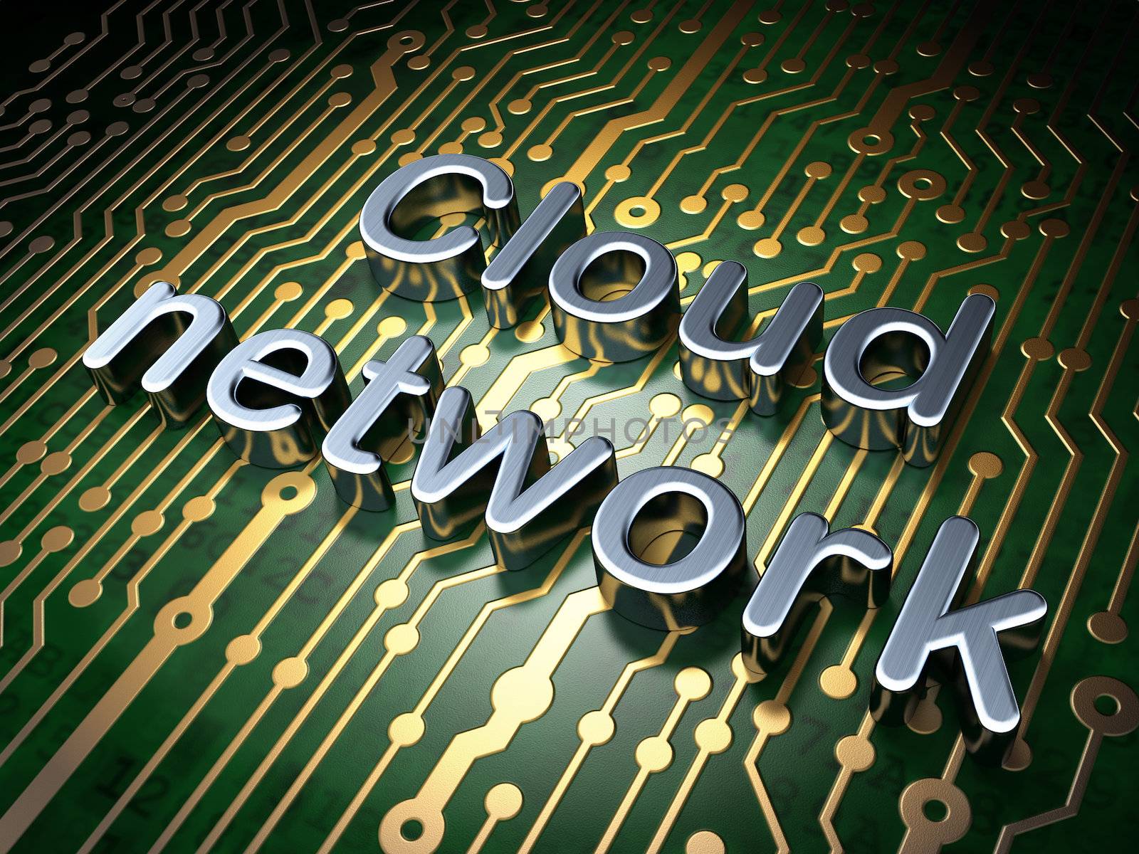 Cloud technology concept: circuit board with word Cloud Network, 3d render