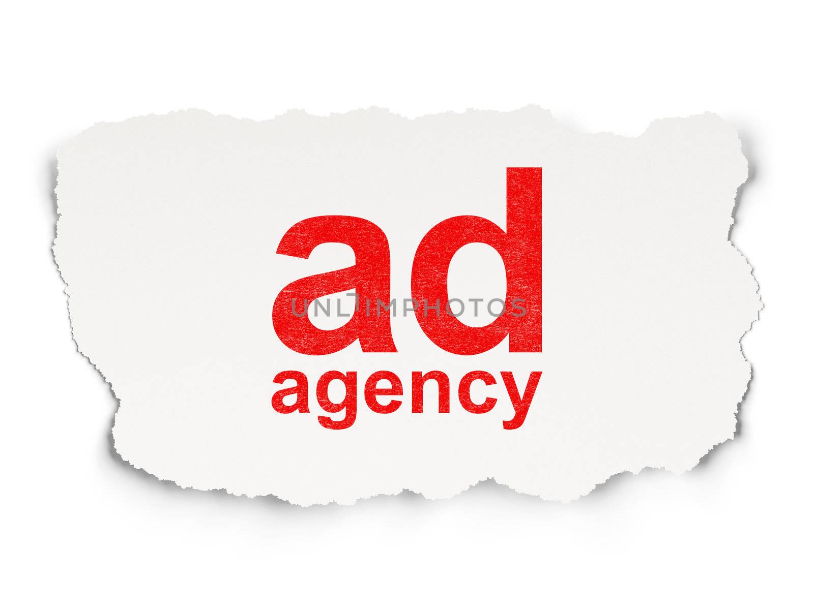 Marketing concept: torn paper with words Ad Agency on Paper background, 3d render