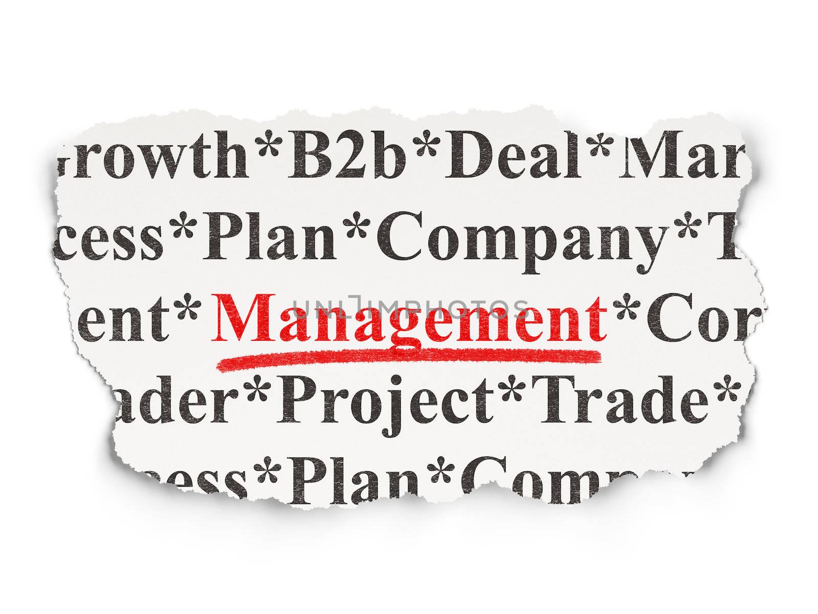 Business concept: torn newspaper with words Management on Paper background, 3d render