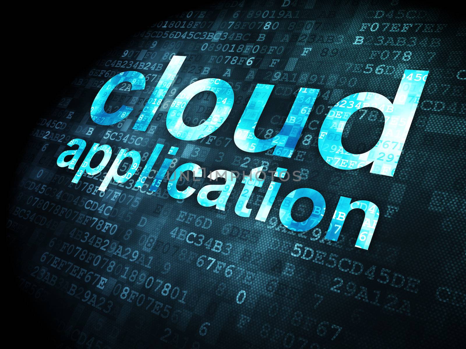 Cloud computing concept: pixelated words Cloud Application on digital background, 3d render