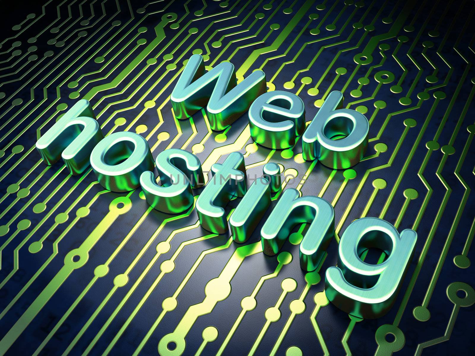 SEO web design concept: circuit board with word Web Hosting, 3d render