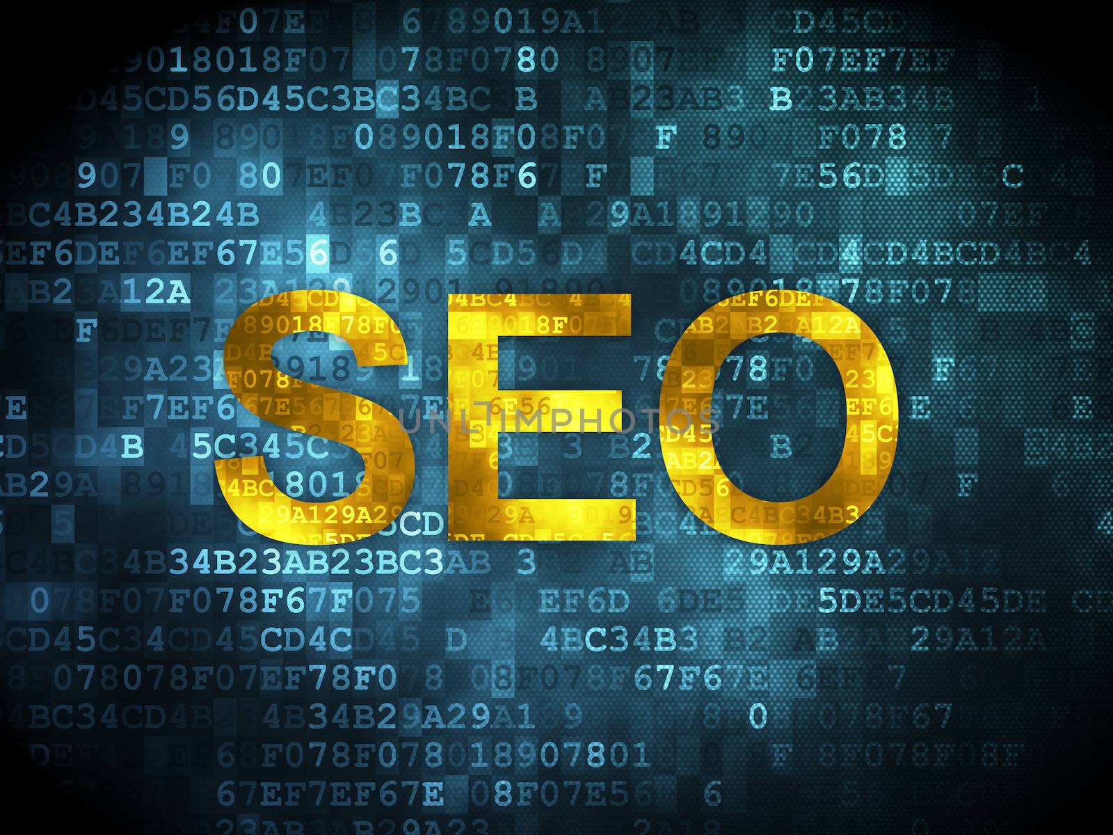 SEO web design concept: pixelated words SEO on digital background, 3d render