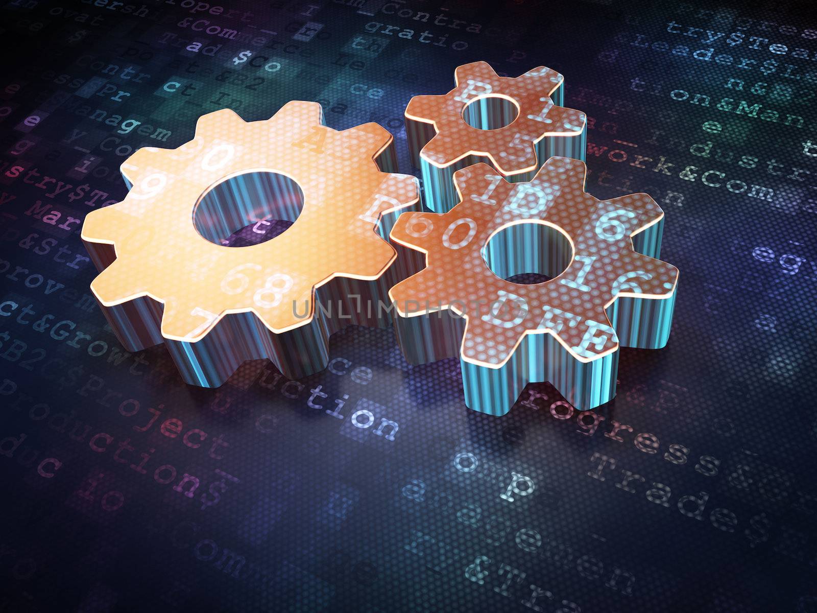 Advertising concept: Golden Gears on digital background, 3d render