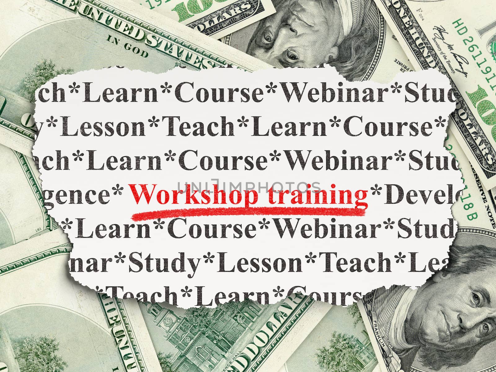 Education concept: torn newspaper with words Workshop Training on Money background, 3d render