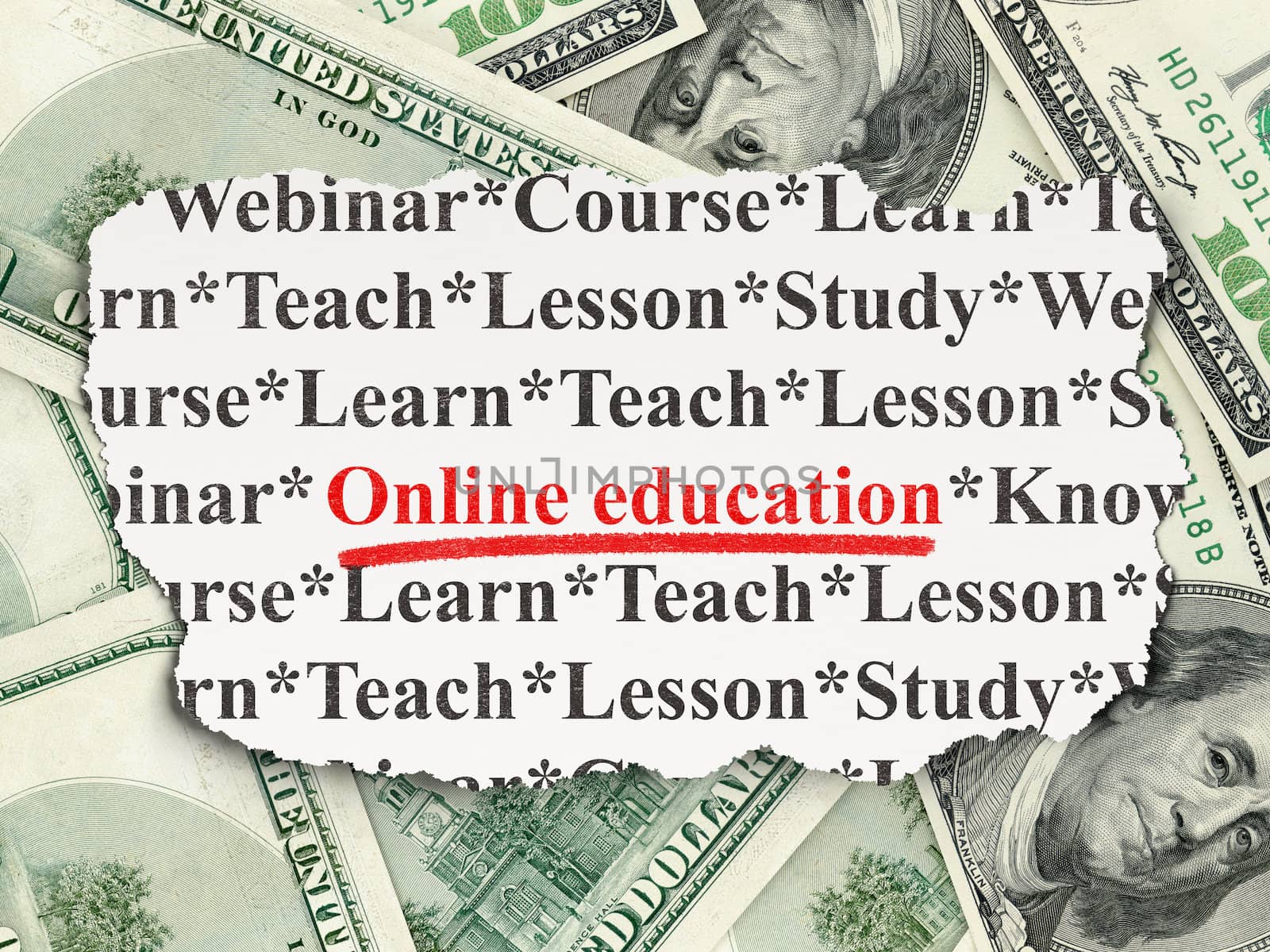 Education concept: torn newspaper with words Online Education on Money background, 3d render