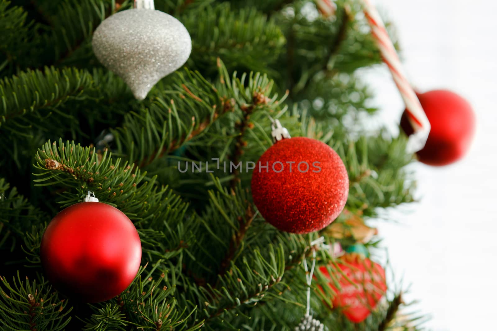 Christmas ornaments hanging from a tree.