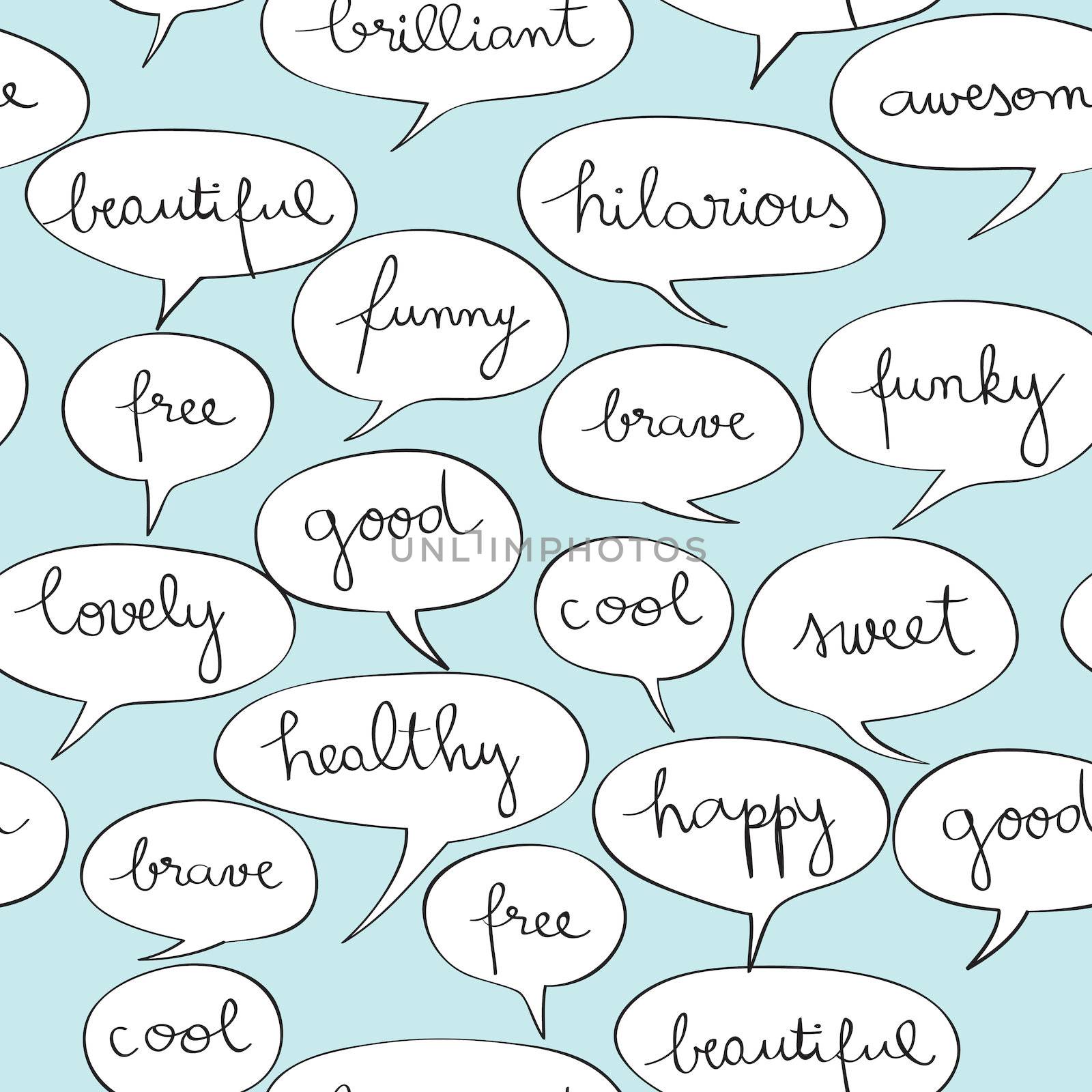 Happy speech bubbles pattern over vintage blue, hand drawn illustration of a cartoon style Pop Art background