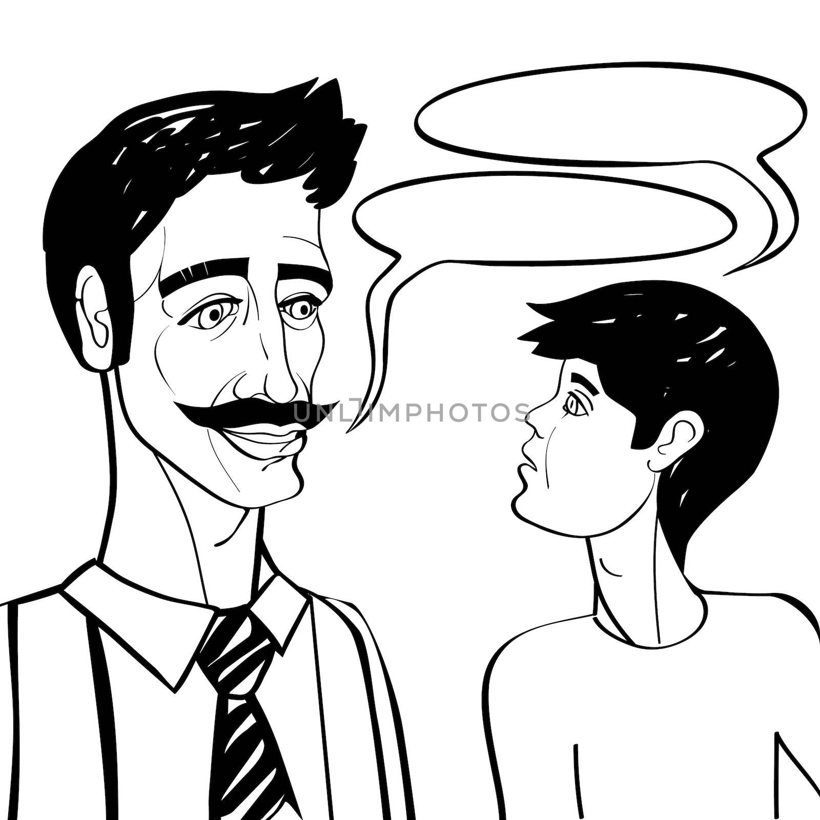 Comics style cartoon illustration of a father and son conversation over white