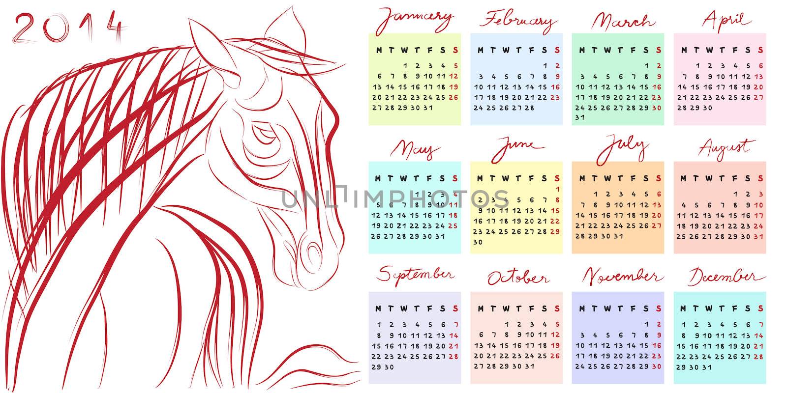 Hand drawn illustration of 2014, the year of the horse calendar with doodle text