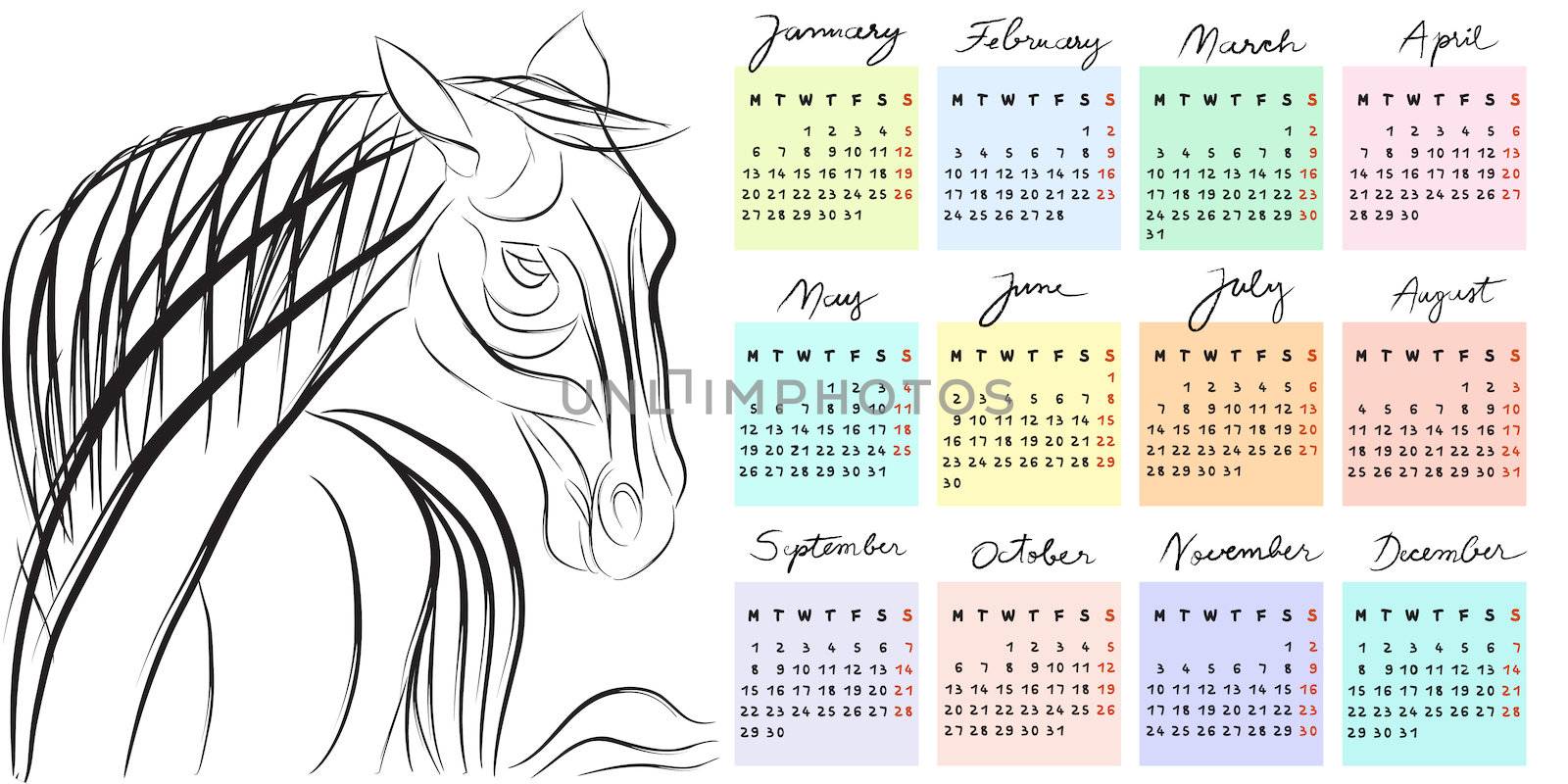 Hand drawn illustration of 2014, the year of the horse calendar with doodle text
