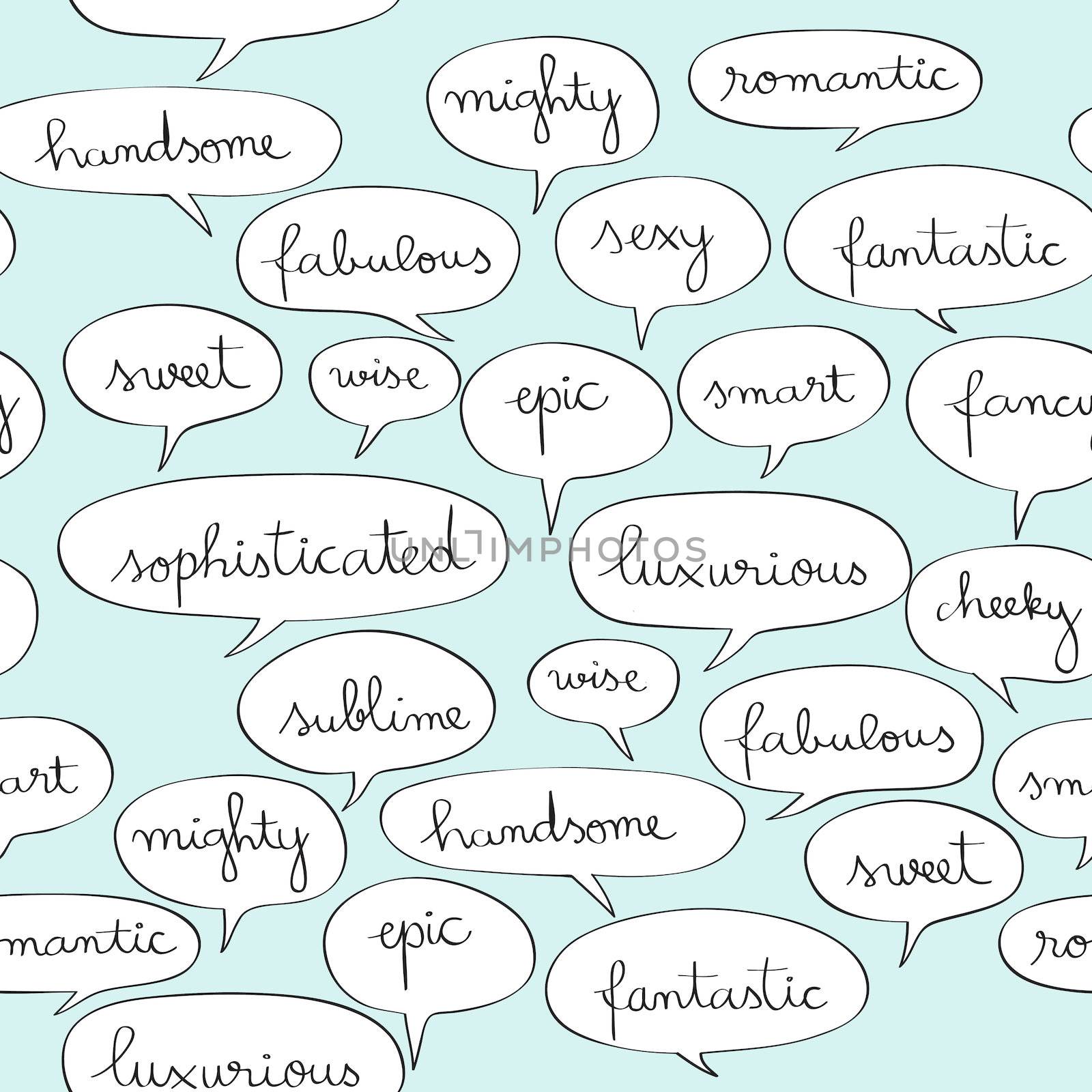 Fancy speech bubbles pattern, hand drawn illustration of comics text doodles over a blue background