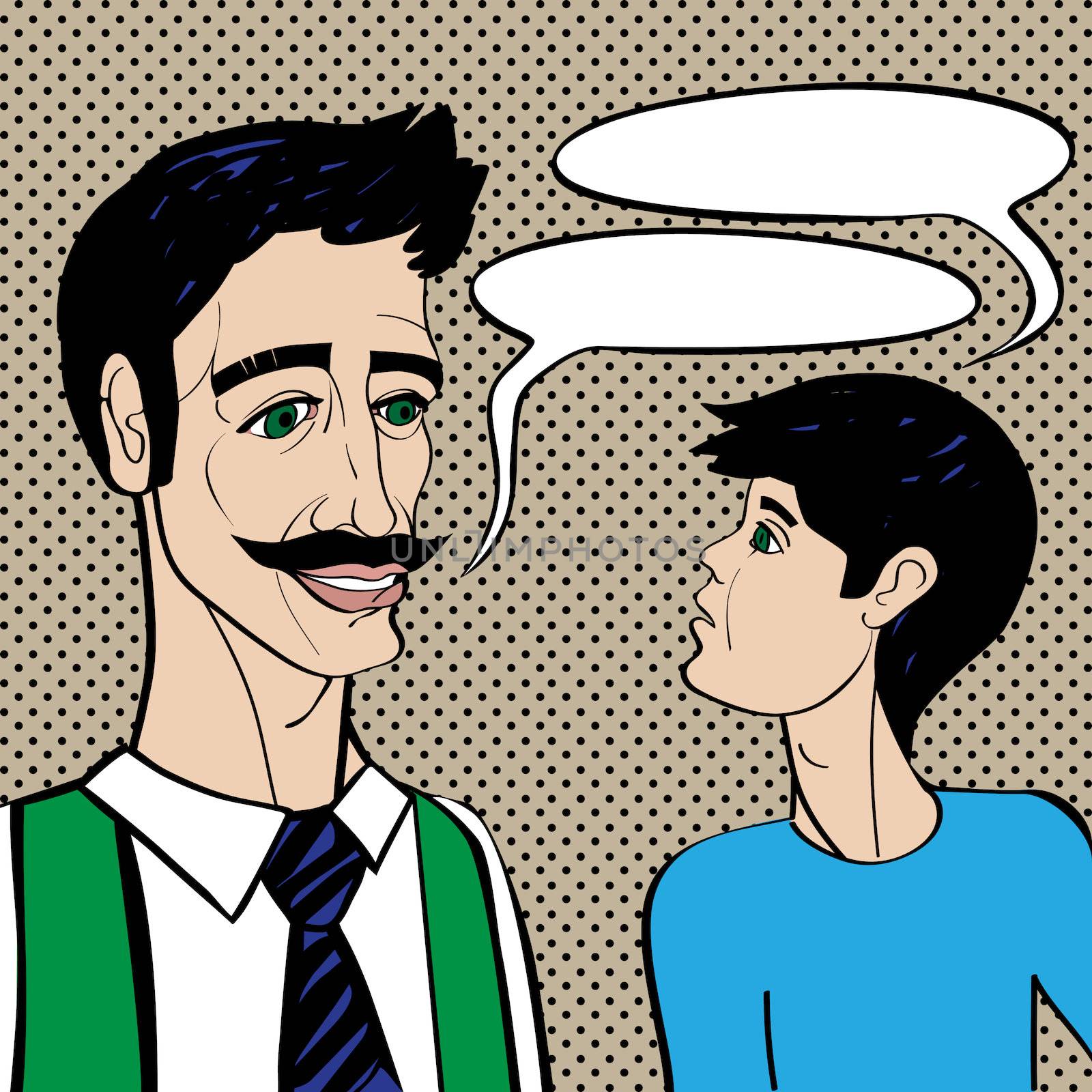Pop art cartoons style illustration of a father and son conversation over a background with dots