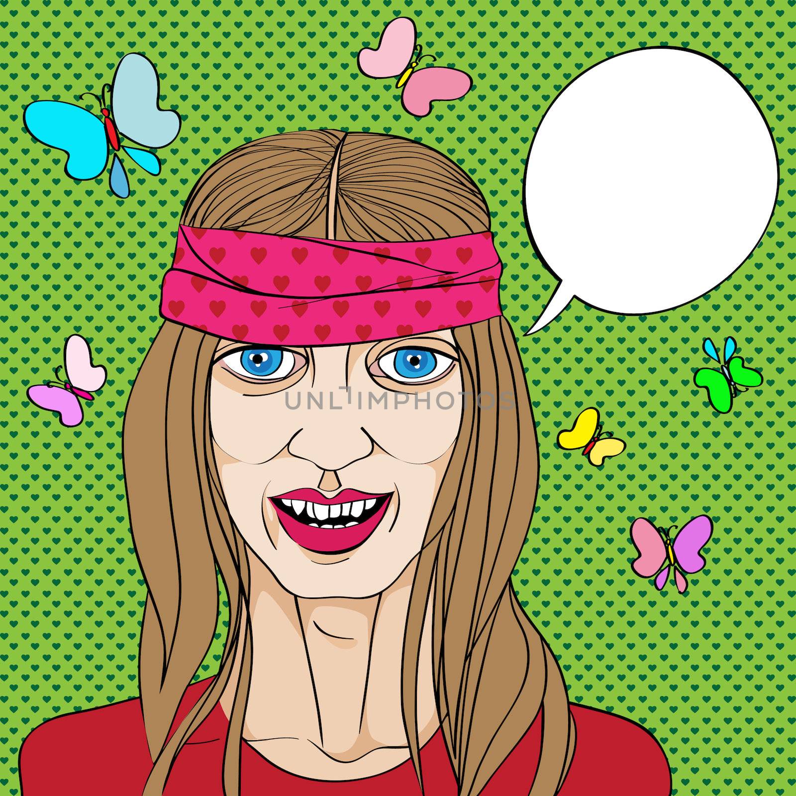 Multicolored illustration of a hippie blue eyes funny girl over a Pop art background with hearts, speech bubble and butterflies