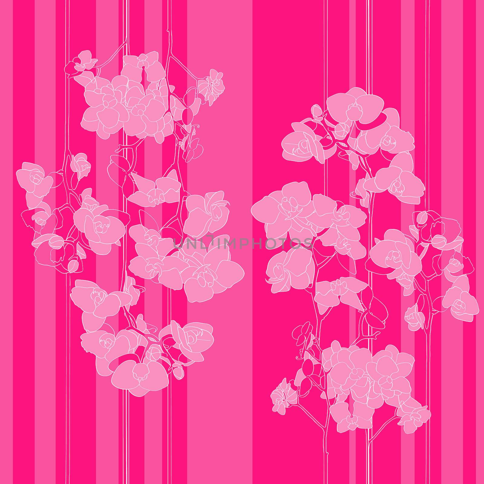 Seamless retro pattern with orchids and stripes over pink, hand drawn illustration of a new shabby chic motif with flowers