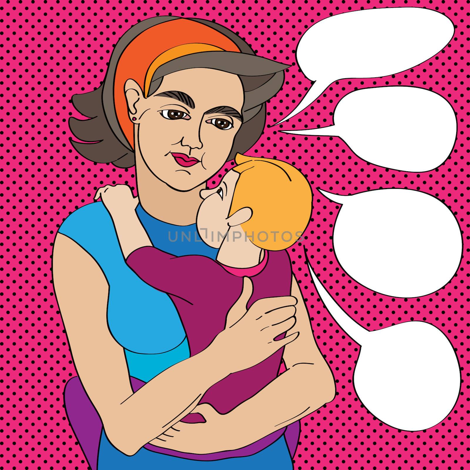 Mother and child composition, doodle illustration over a pop art background with dots