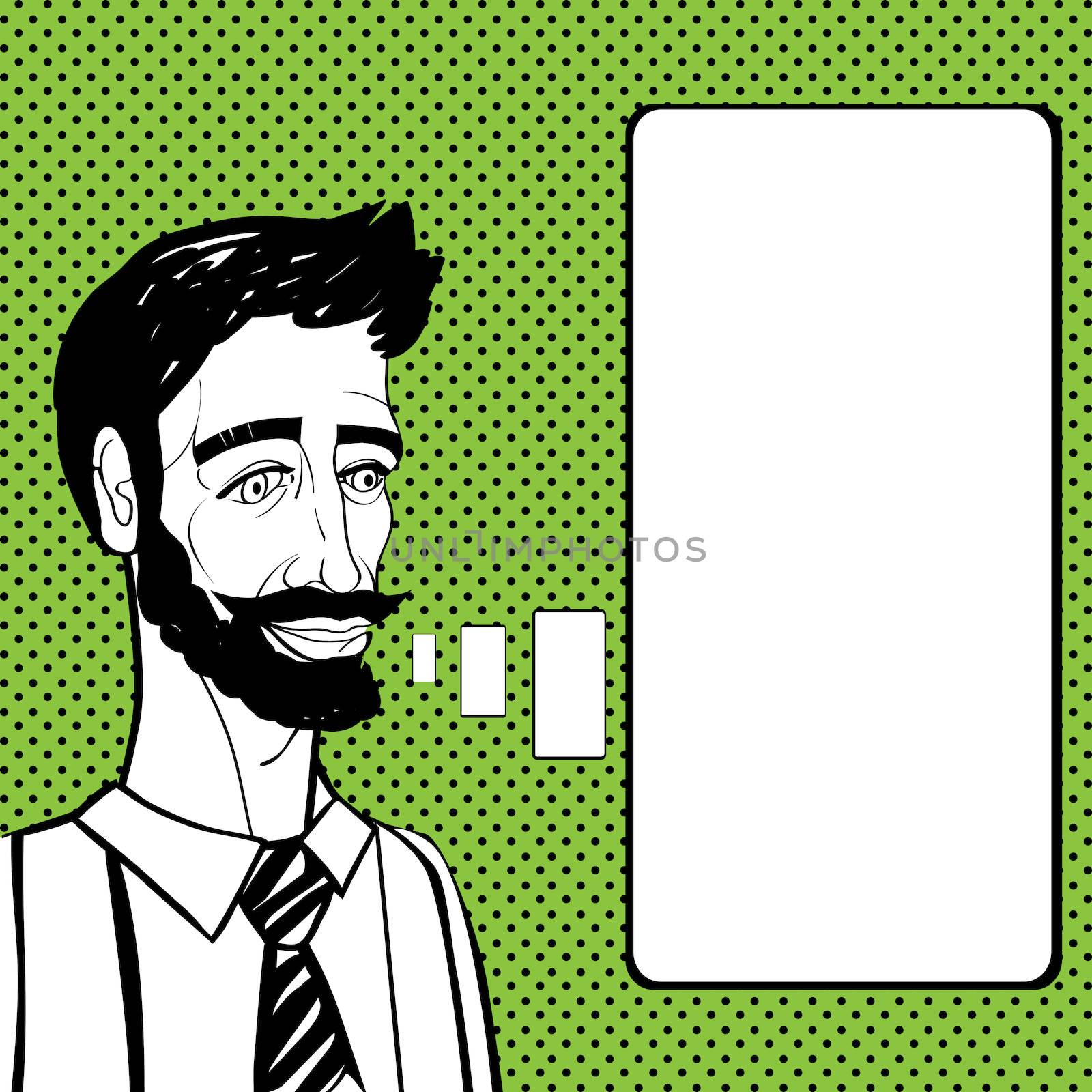 Cartoon illustration of a retro businessman, scientist or professor, Pot Art style image with speech bubble over a green background with dots