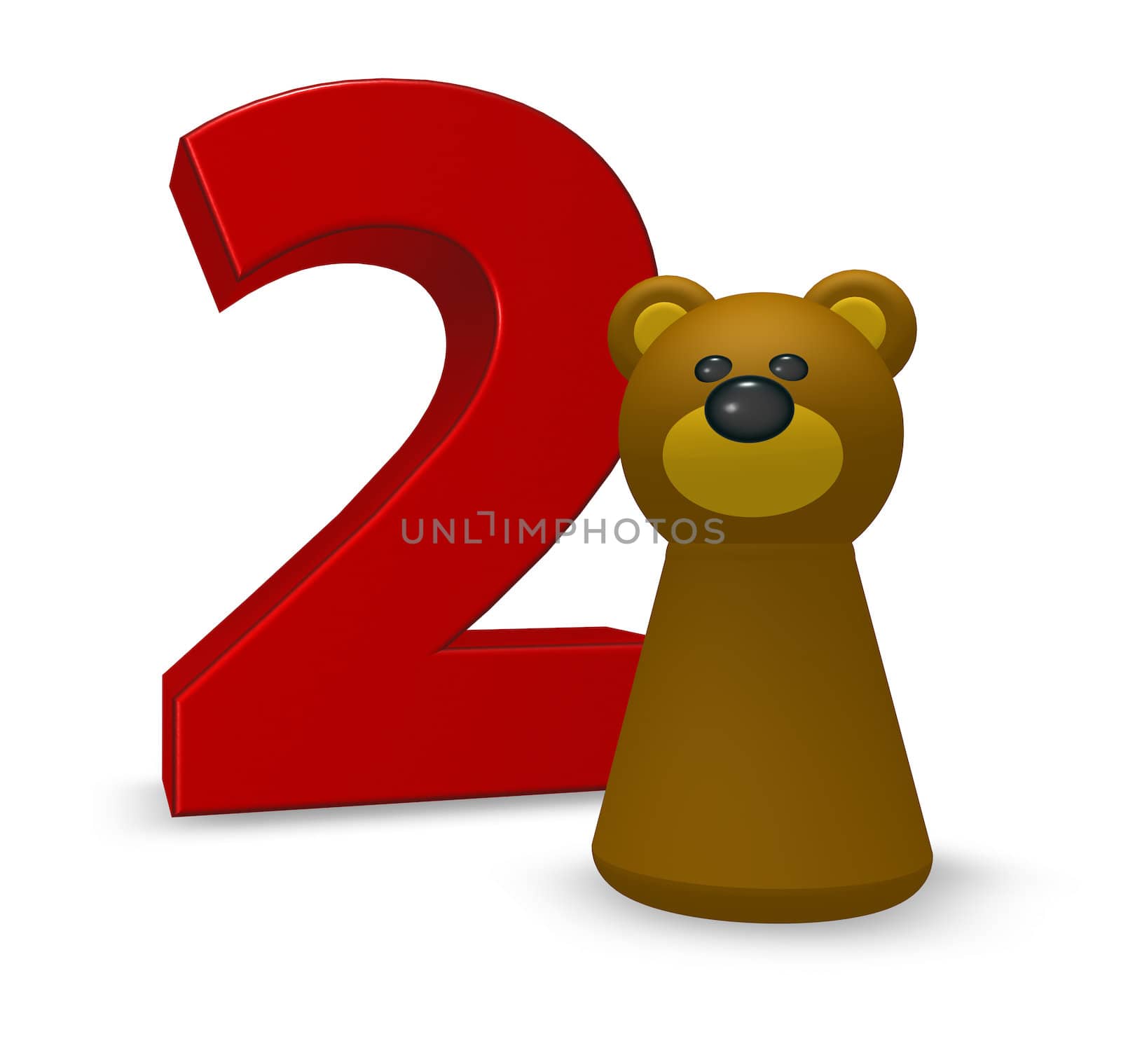number two and brown bear - 3d illustration