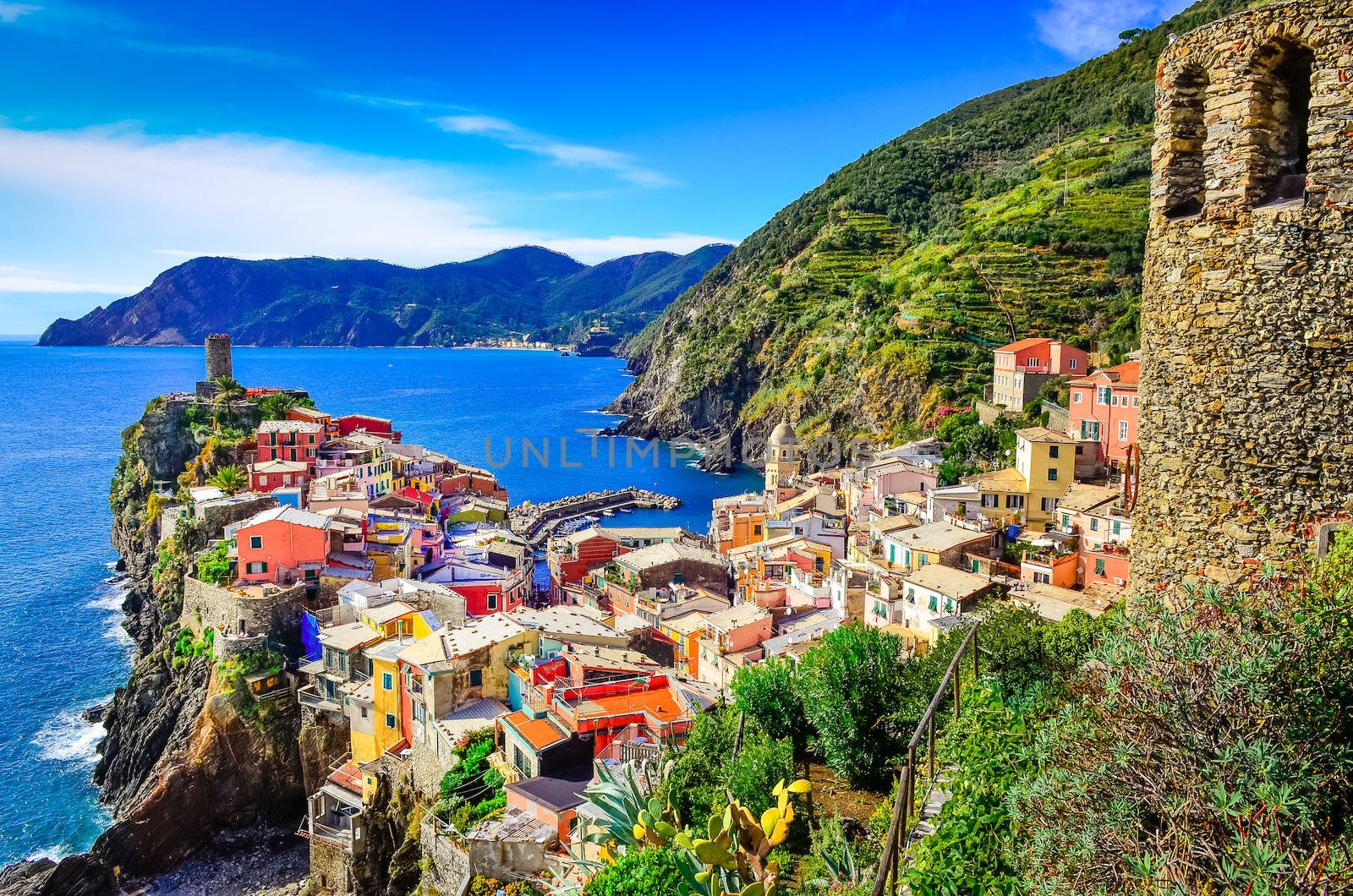 Scenic view of colorful village Vernazza and ocean coast in Cinque Terre, Italy