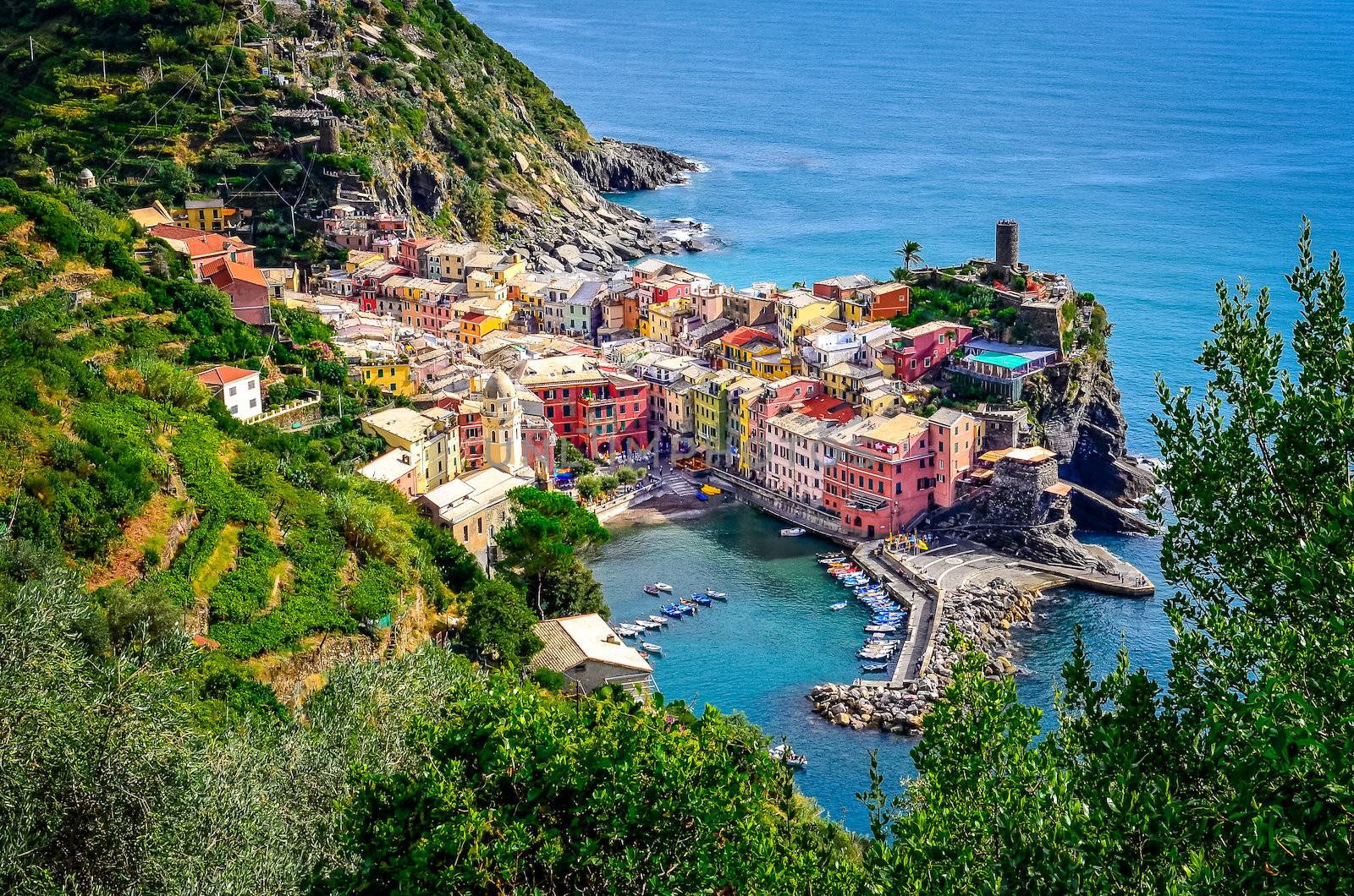 Scenic view of ocean and harbor in colorful village Vernazza, Ci by martinm303