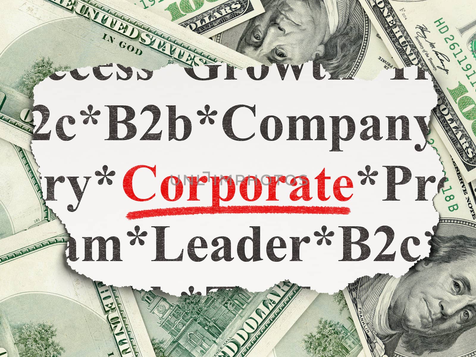 Finance concept: torn newspaper with words Corporate on Money background, 3d render