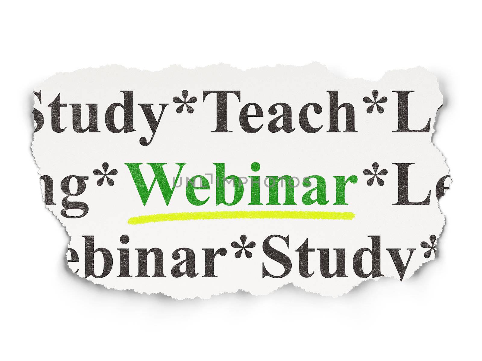 Education concept: torn newspaper with words Webinar on Paper background, 3d render