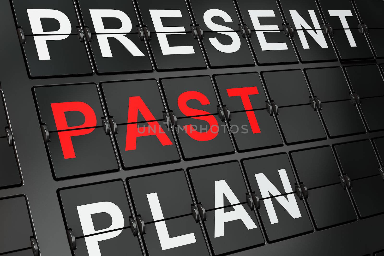 Timeline concept: Past on airport board background, 3d render
