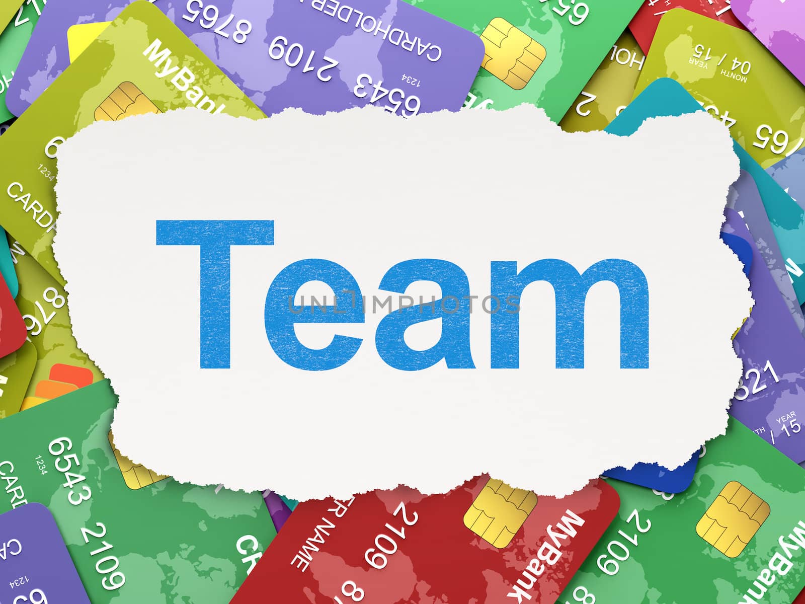 Business concept: torn paper with words Team on Credit Card background, 3d render