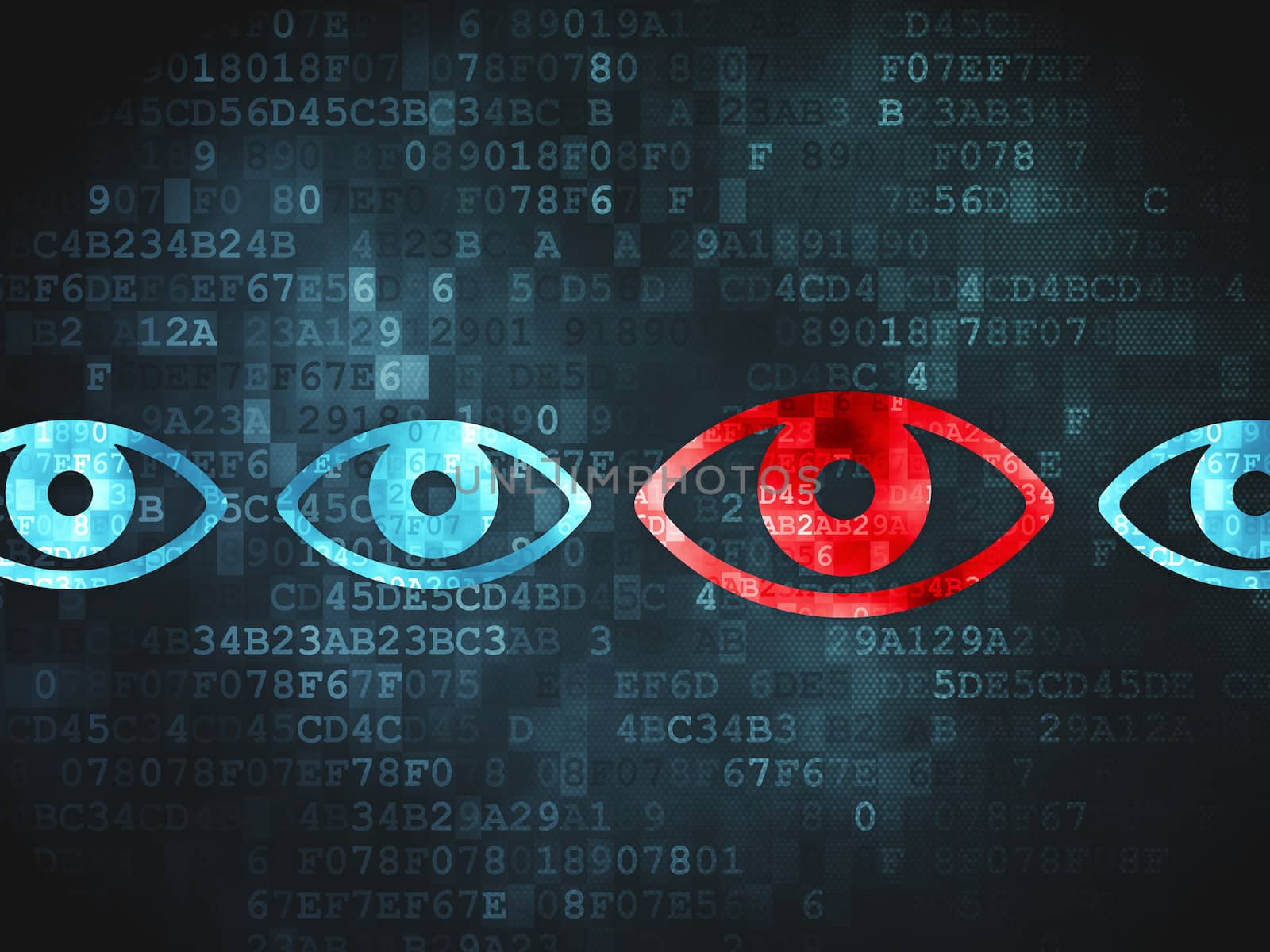 Safety concept: pixelated Eye icon on digital background, 3d render