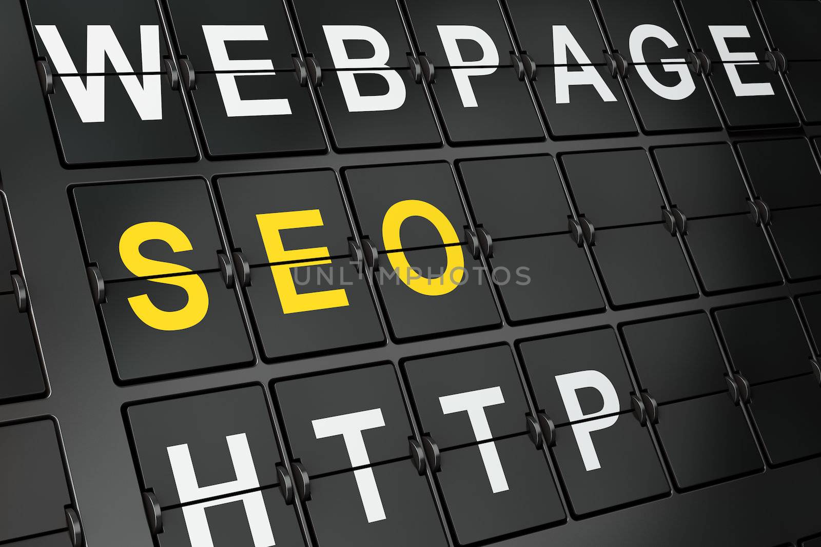 SEO web development concept: SEO on airport board background, 3d render