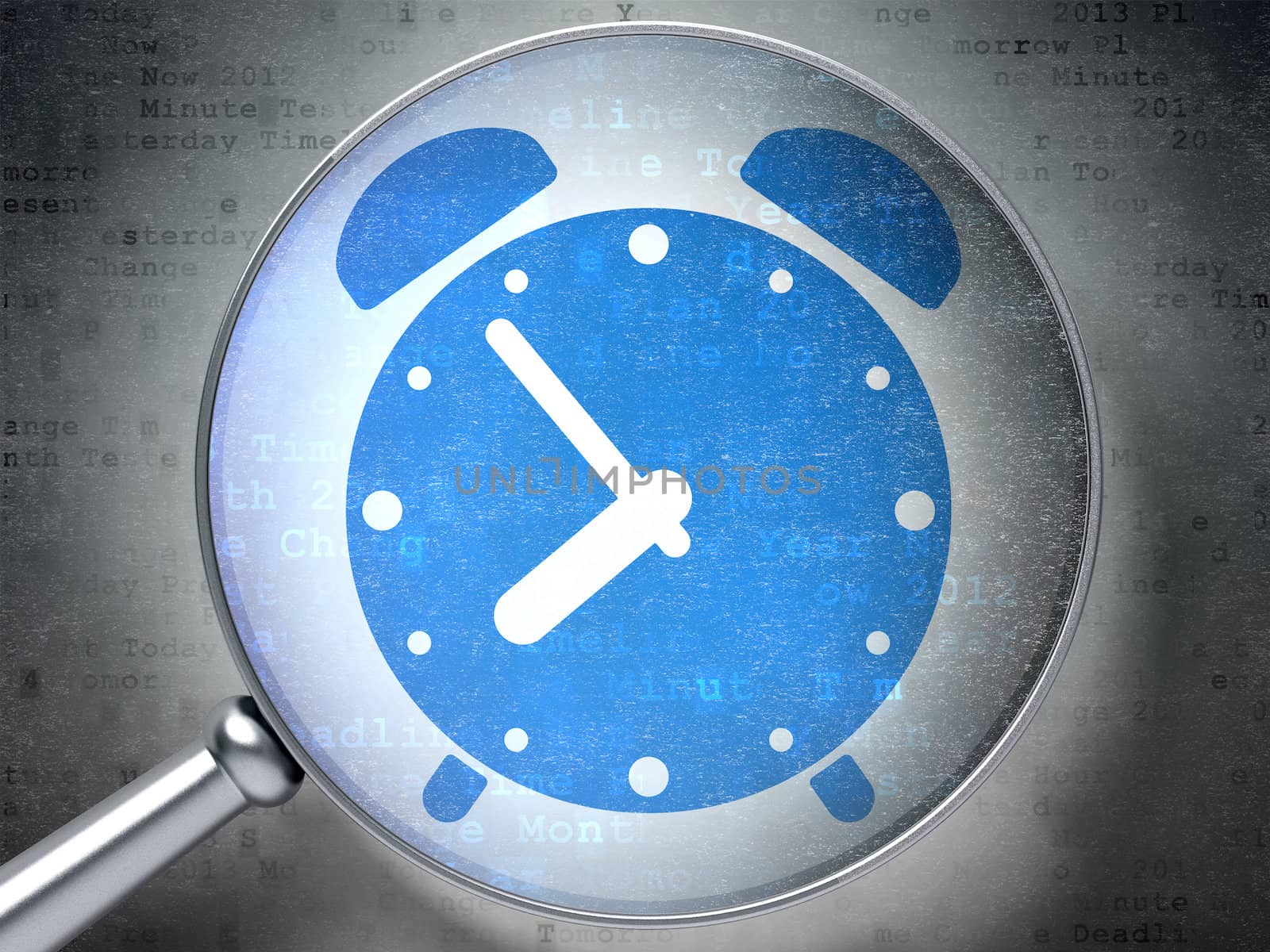 Magnifying optical glass with Alarm Clock icon on digital background, 3d render