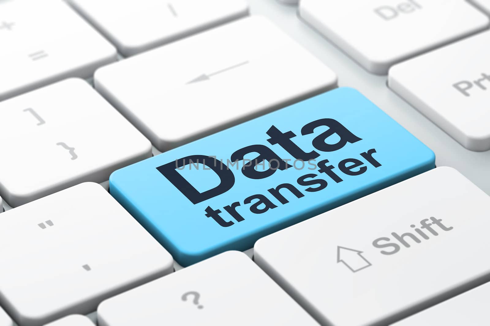 Information concept: computer keyboard with word Data Transfer, selected focus on enter button background, 3d render