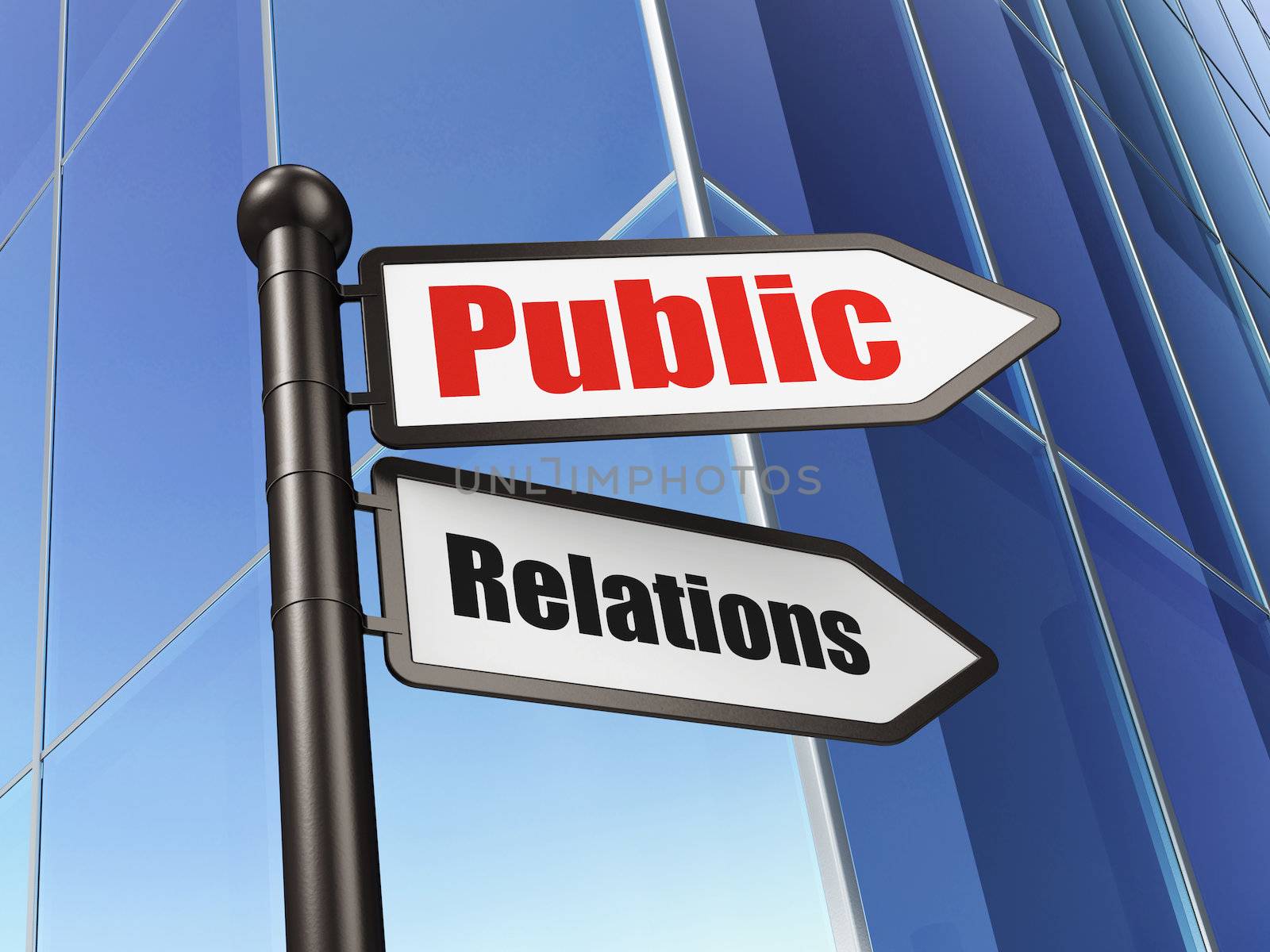 Marketing concept: Public Relations on Building background, 3d render