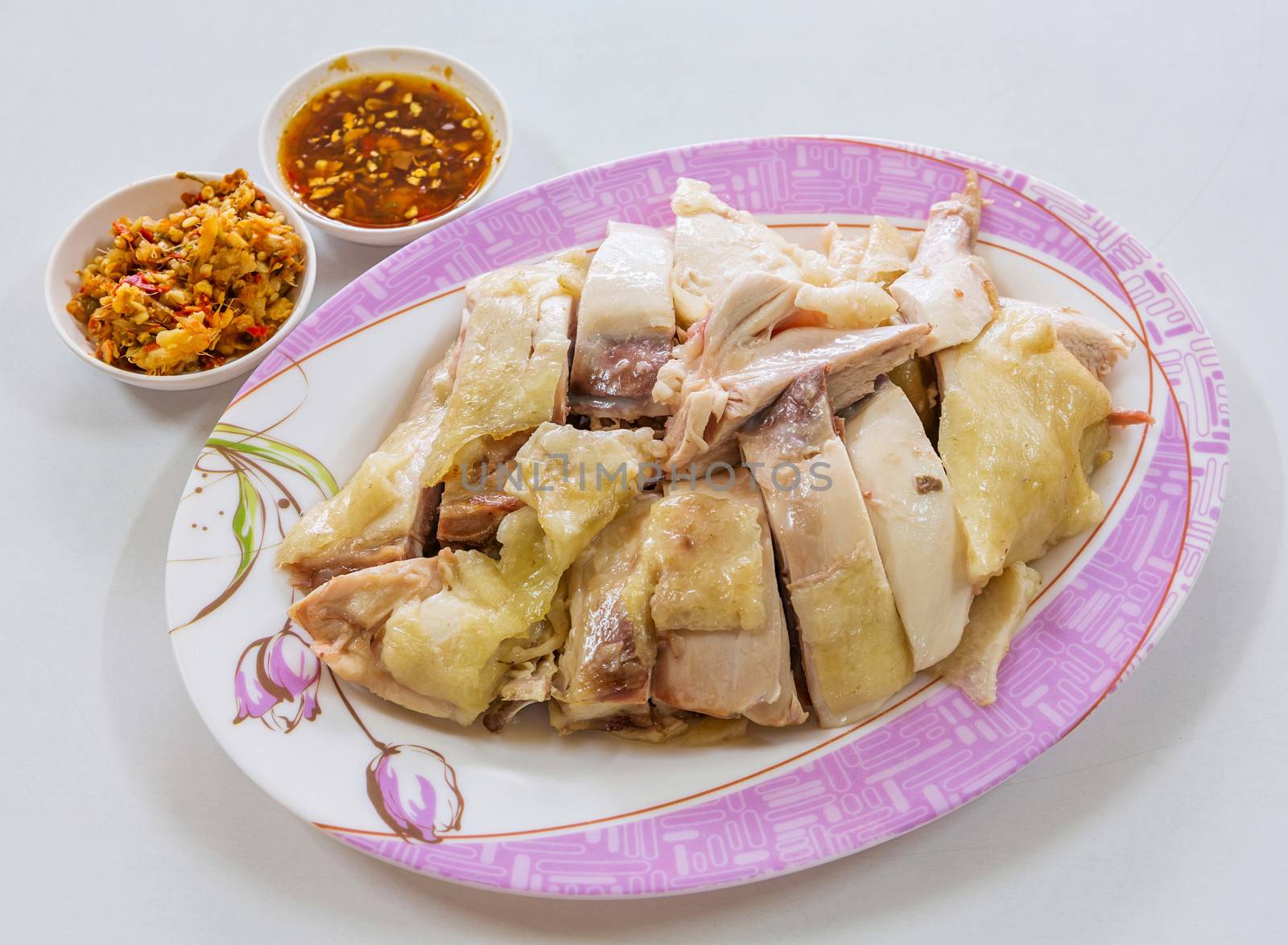 Chinese style steamed and chopped chicken with spicy sauce