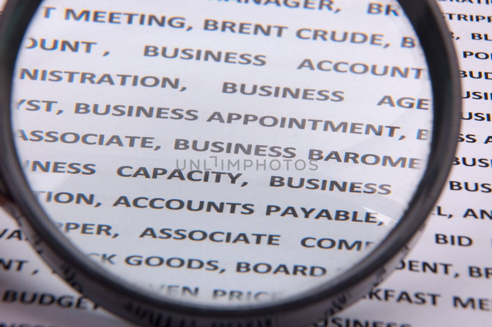 An image of magnify glass over paper with written business slang