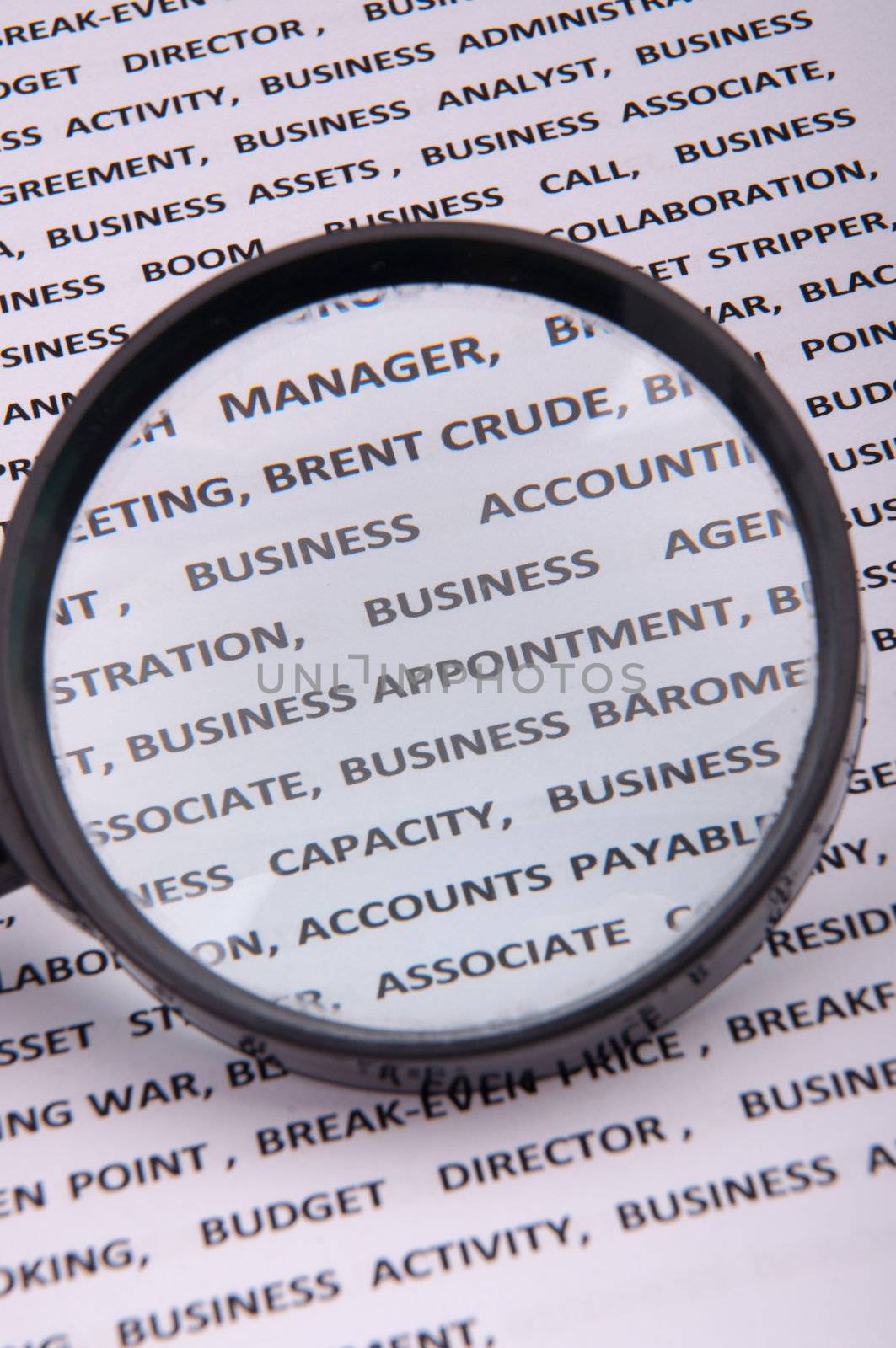 An image of magnify glass over paper with written business slang