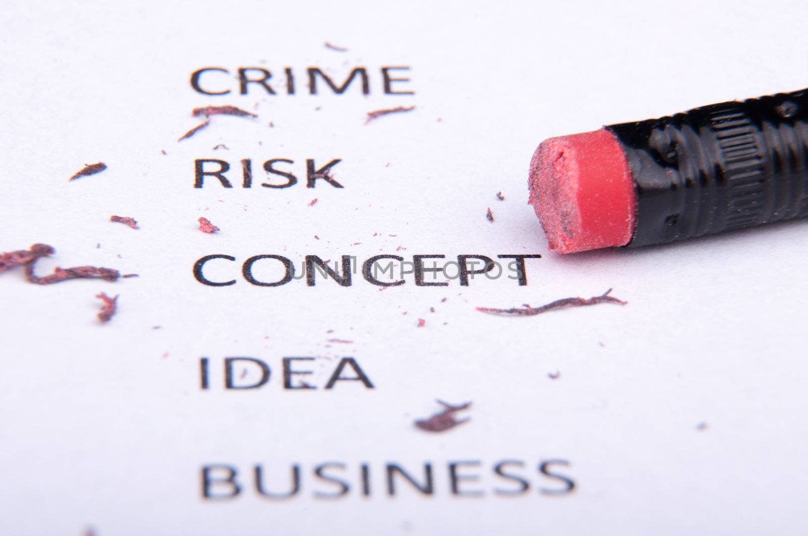 An image of business words and pencil