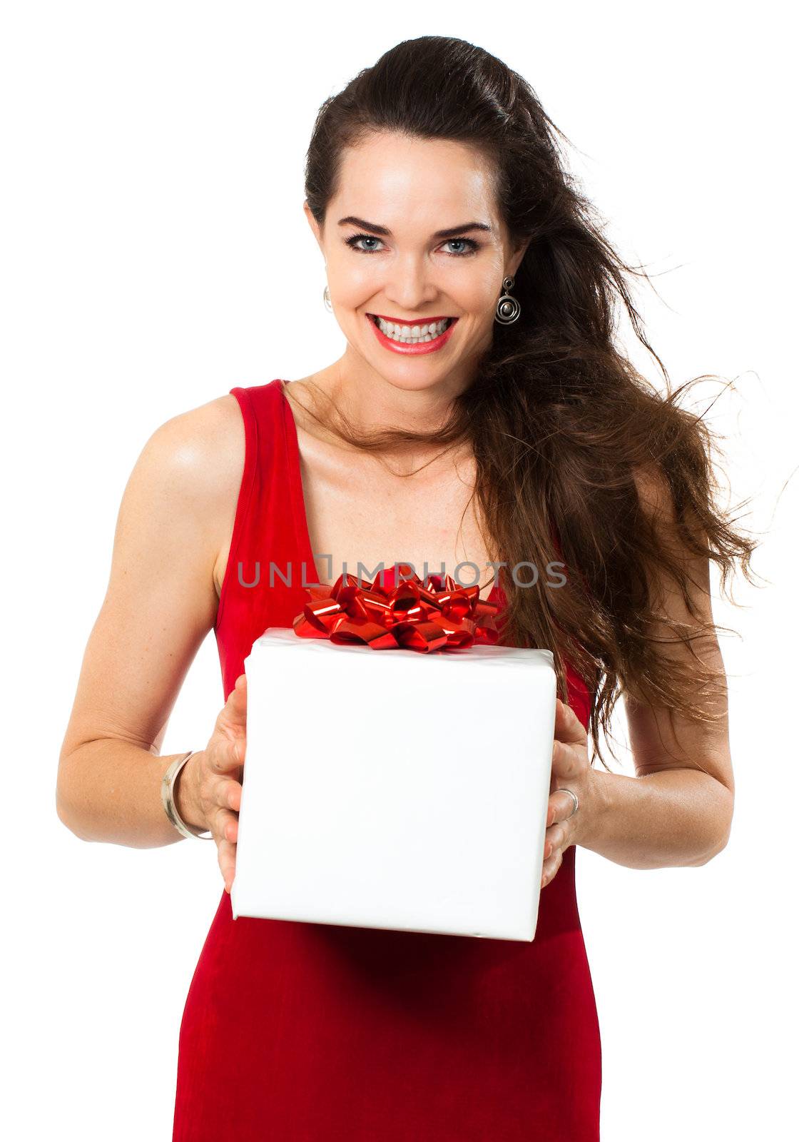 Beautiful happy woman holding gift by Jaykayl