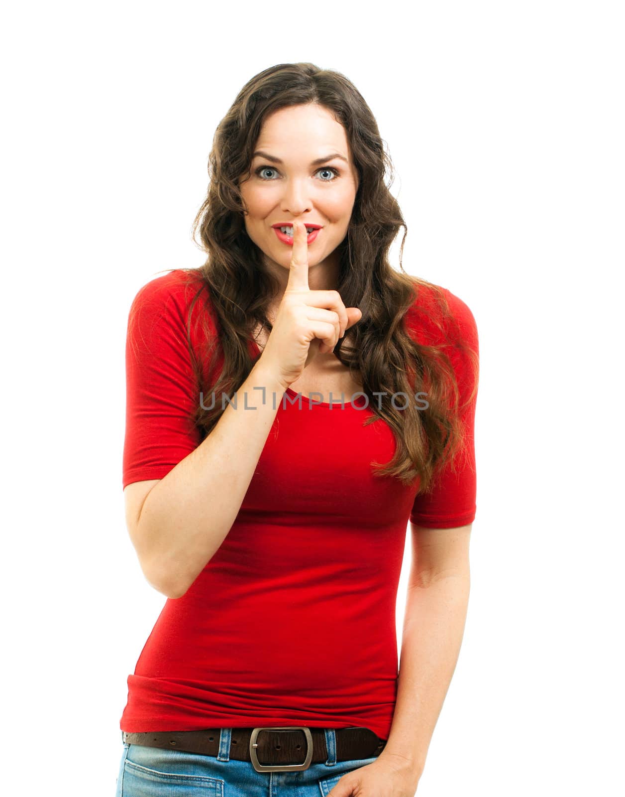 Smiling woman dressed in red doing a silence sign by Jaykayl