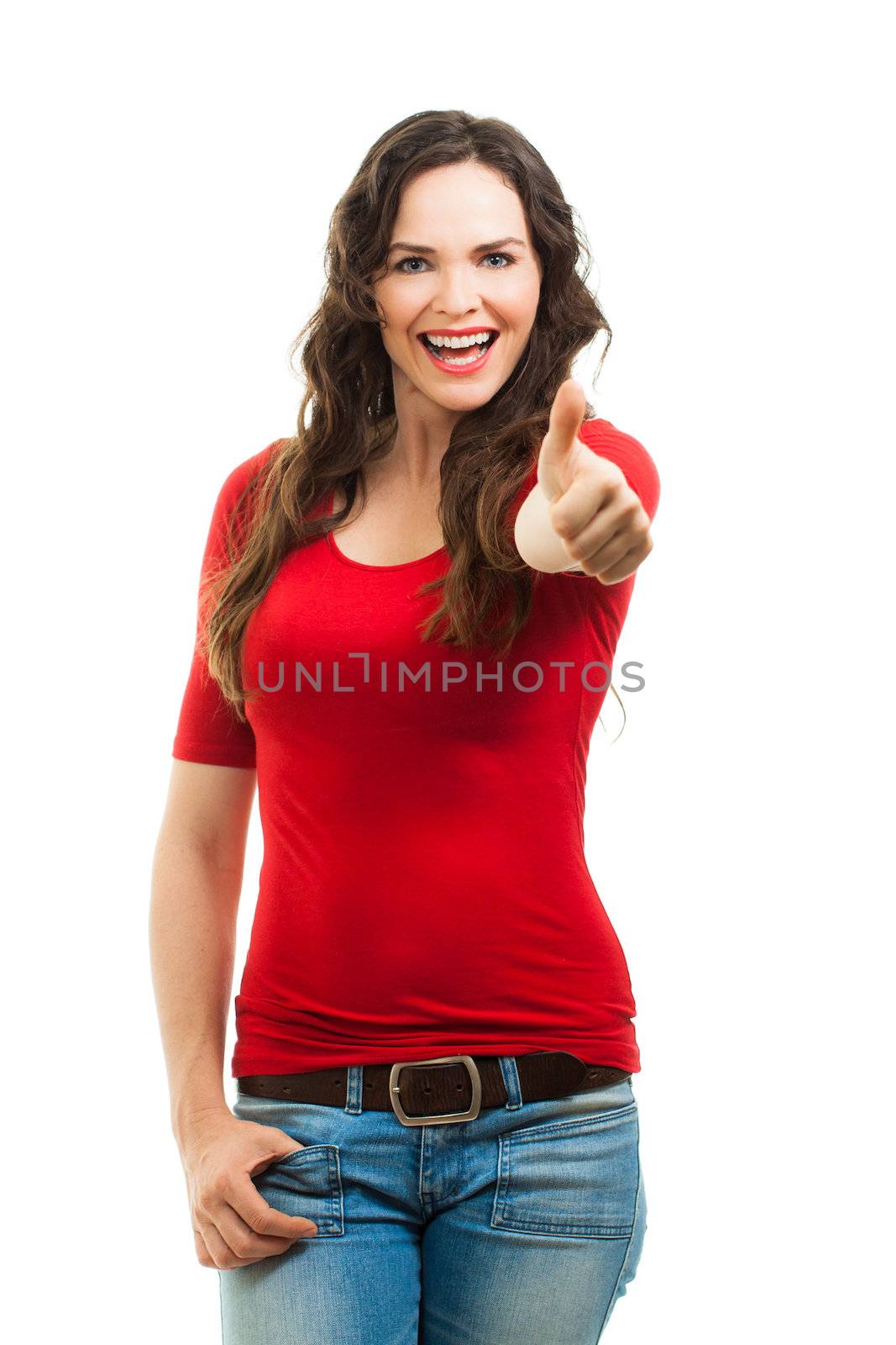 A happy positive beautiful young woman giving thums up. Isolated on white.