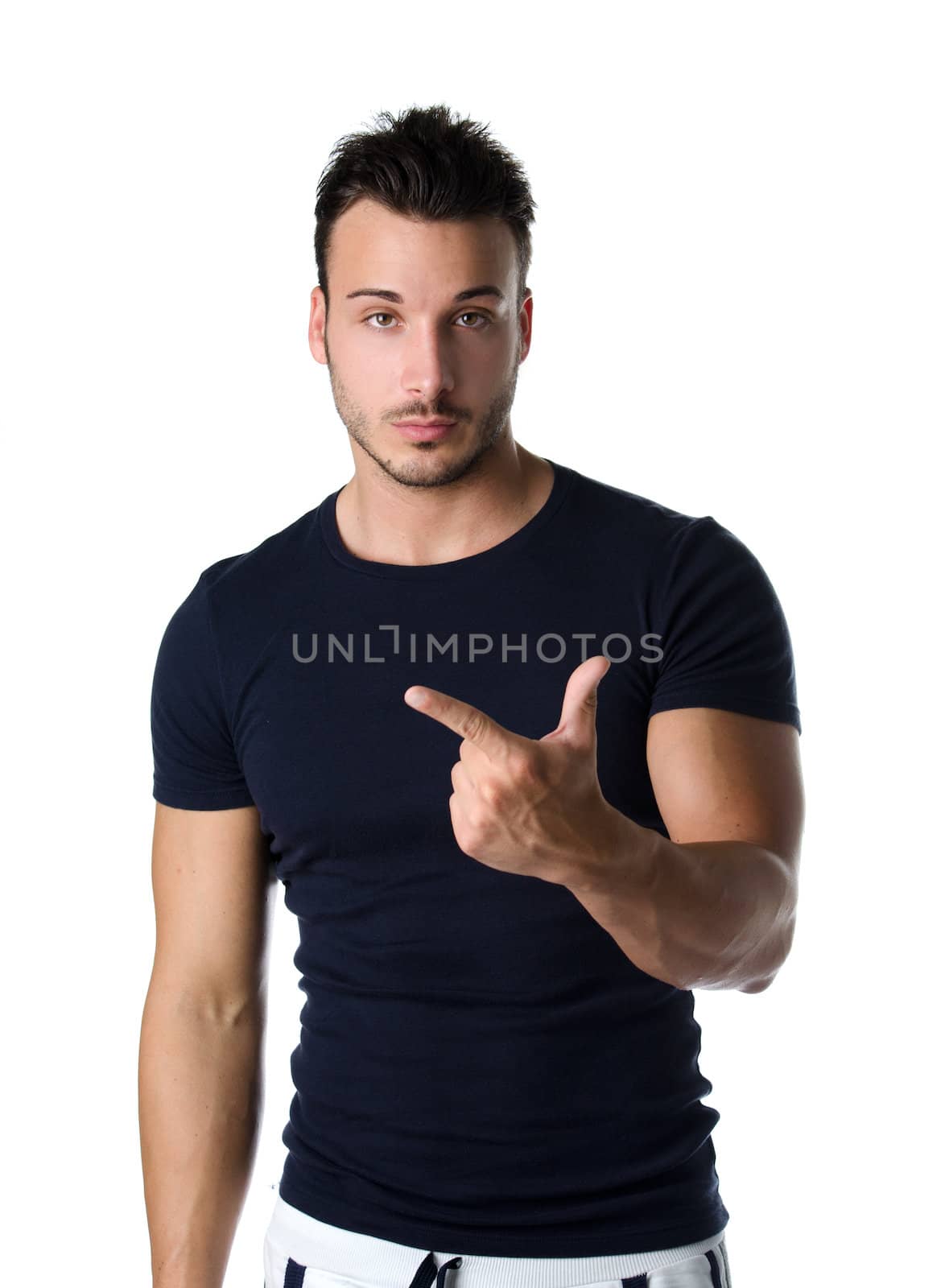 Attractive young man counting to two with fingers and hands, isolated on white background