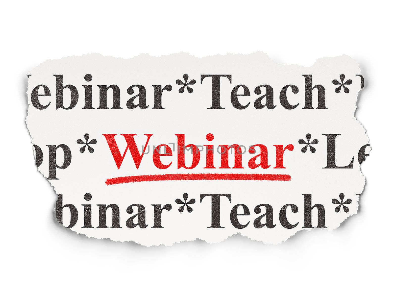Education concept: torn newspaper with words Webinar on Paper background, 3d render