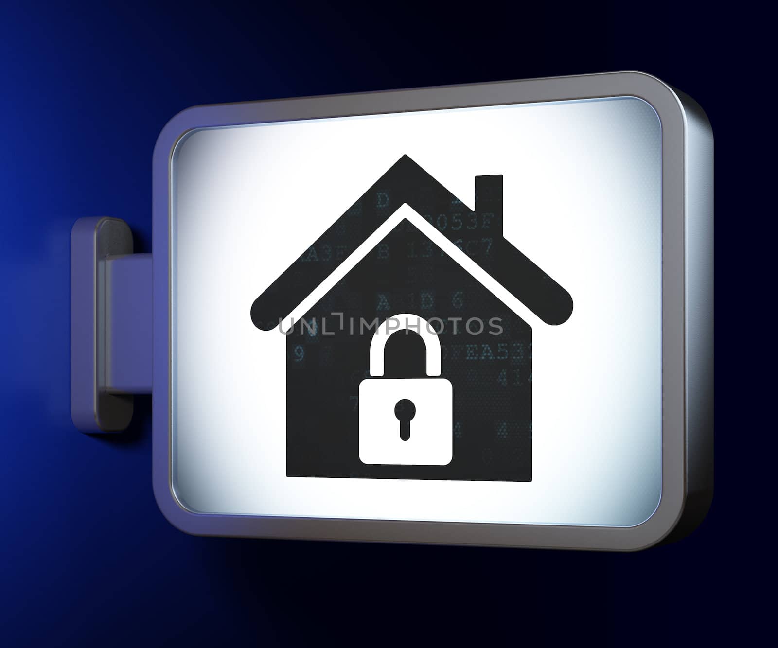 Security concept: Home on advertising billboard background, 3d render