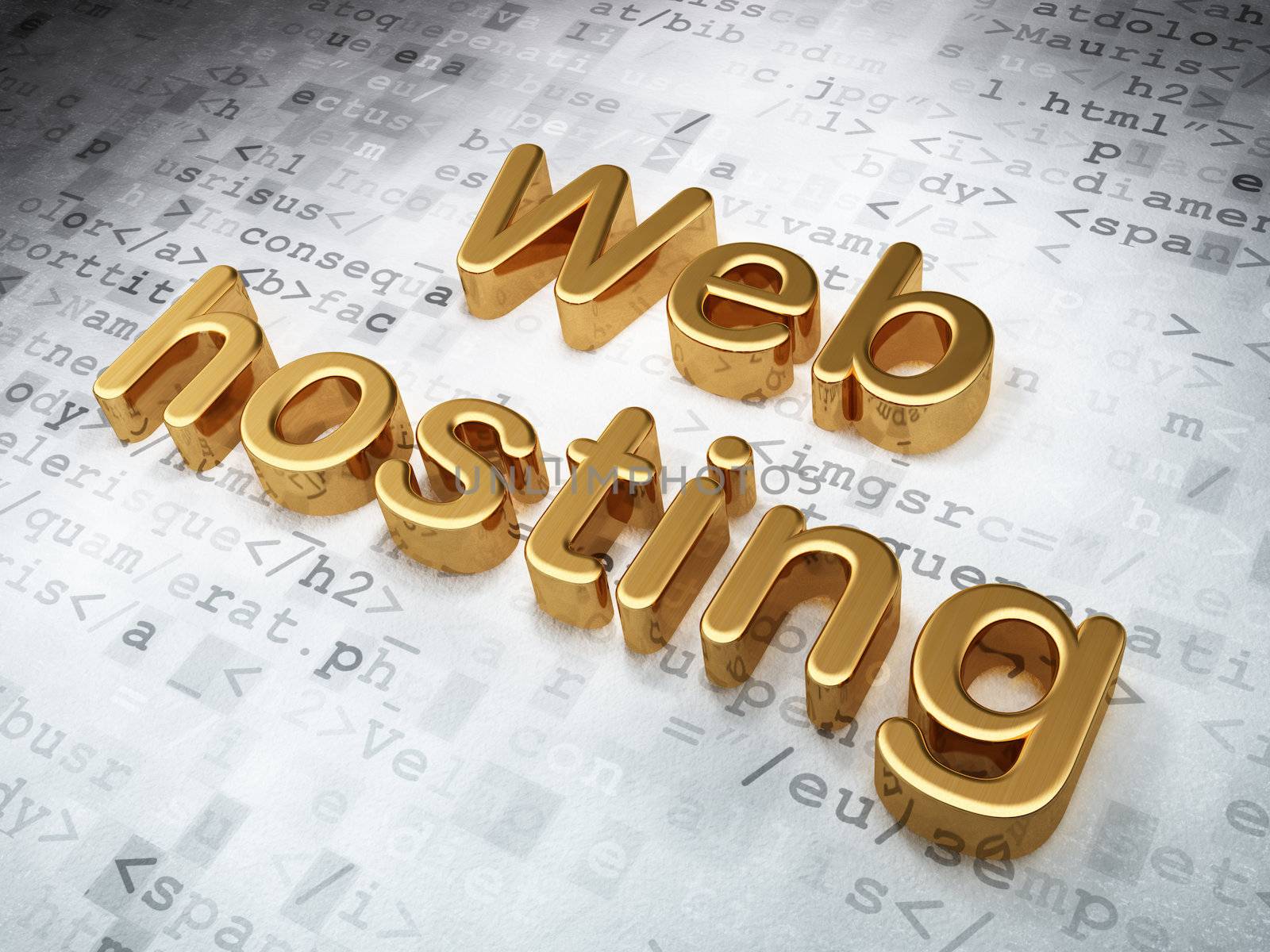 SEO web development concept: Golden Web Hosting on digital background, 3d render
