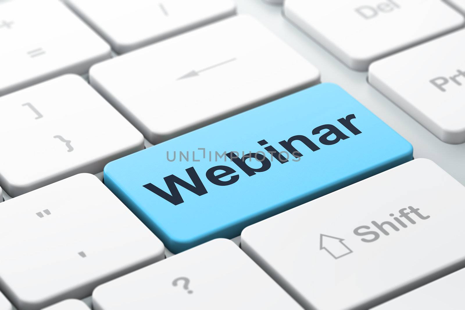 Education concept: computer keyboard with word Webinar, selected focus on enter button background, 3d render