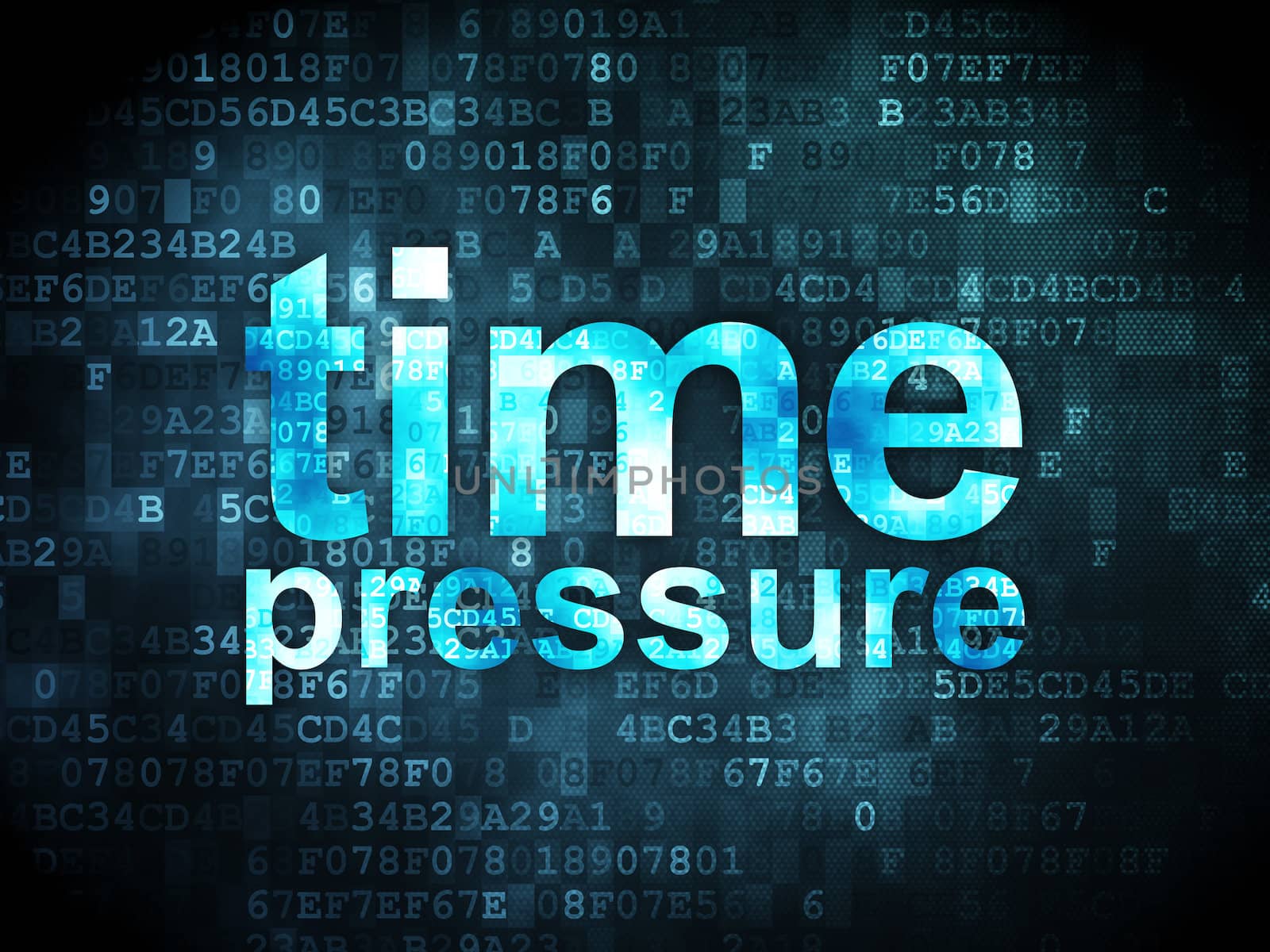 Timeline concept: pixelated words Time Pressure on digital background, 3d render